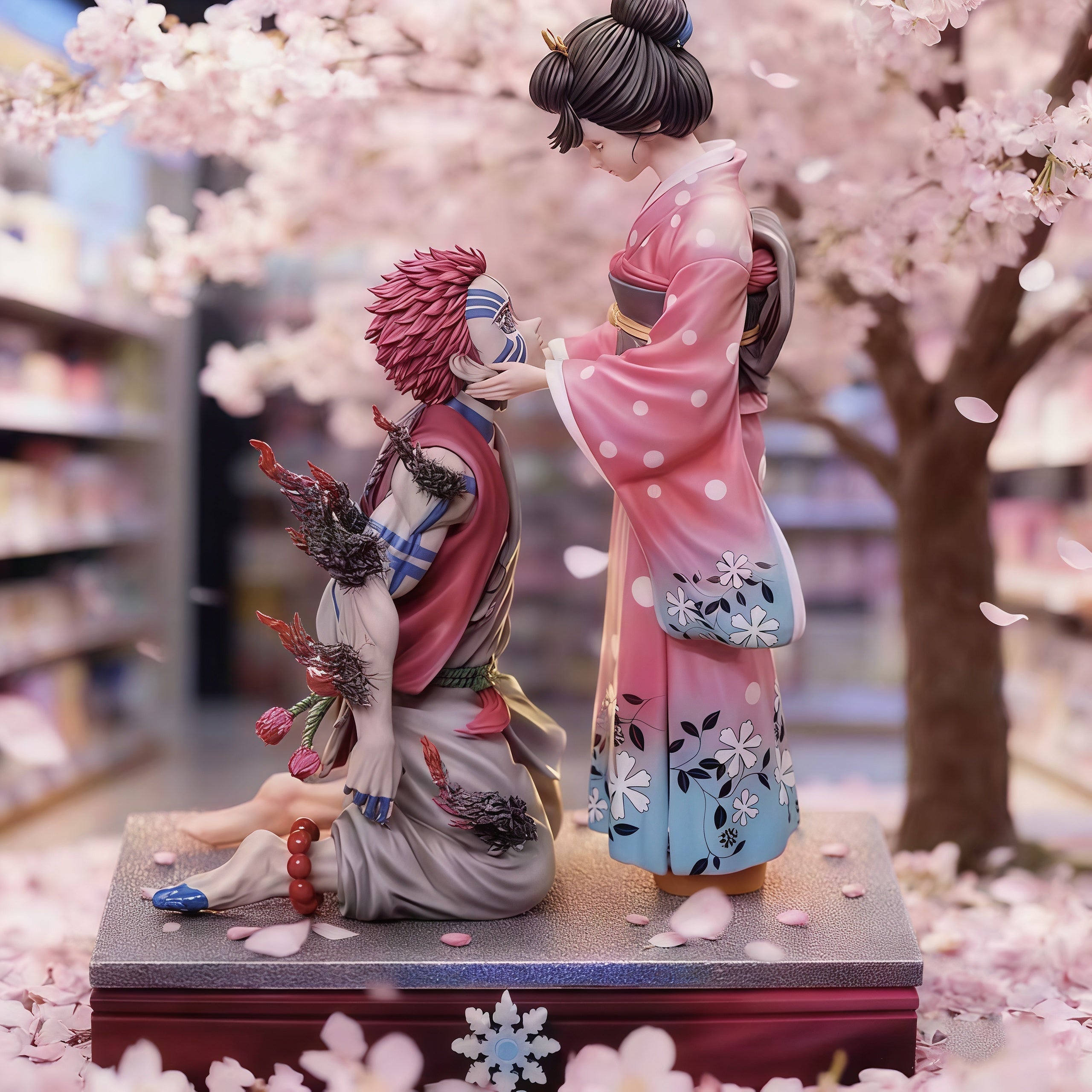 DEMON SLAYER Akaza Hakuji and Koyuki PVC statue featuring an emotional embrace, detailed demon markings, kimono styling and translucent cherry blossom effects.