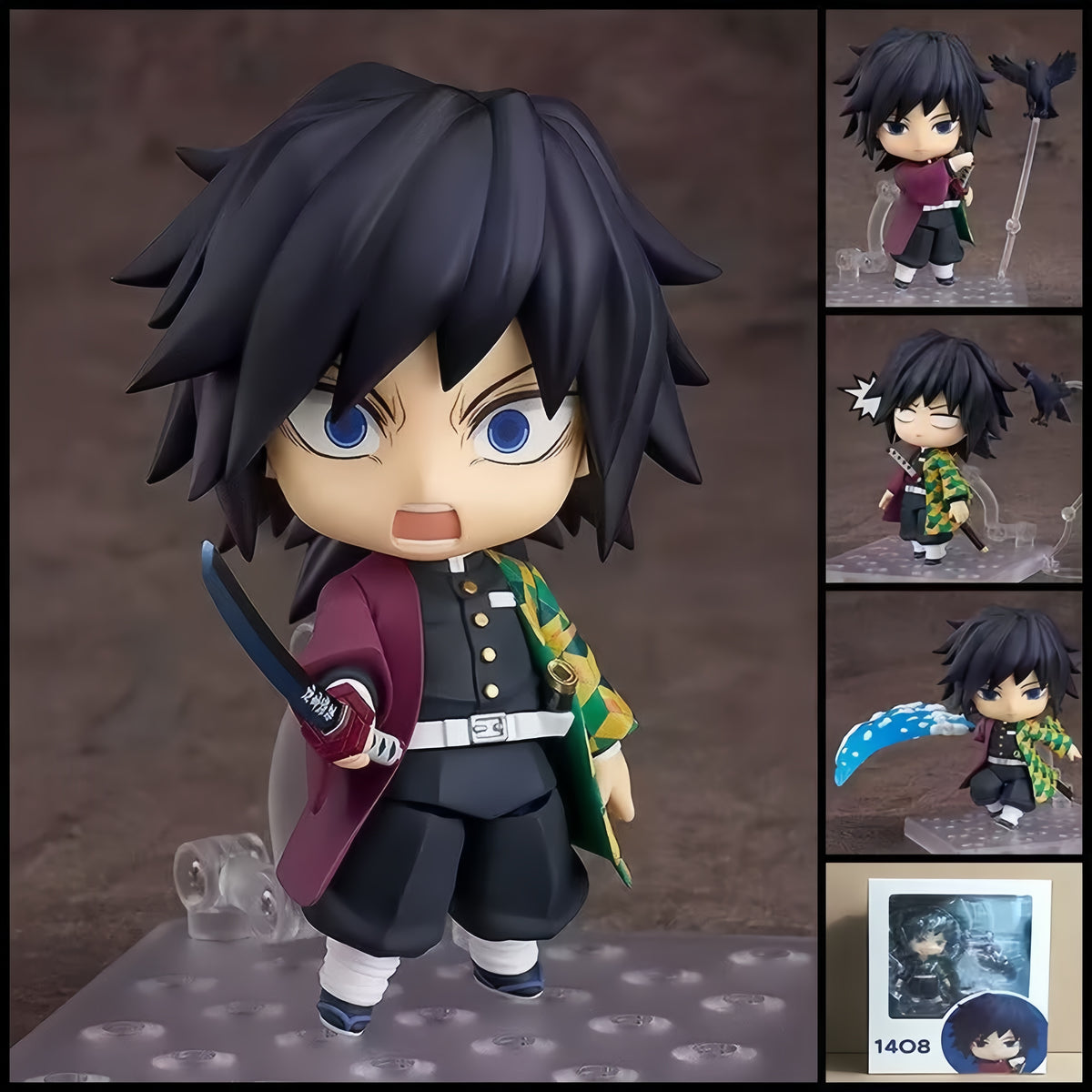 DEMON SLAYER Giyu Tomioka chibi action figure – 10 cm PVC anime figure with Nichirin sword, Water Breathing effect, Kasugai Crow and display base.