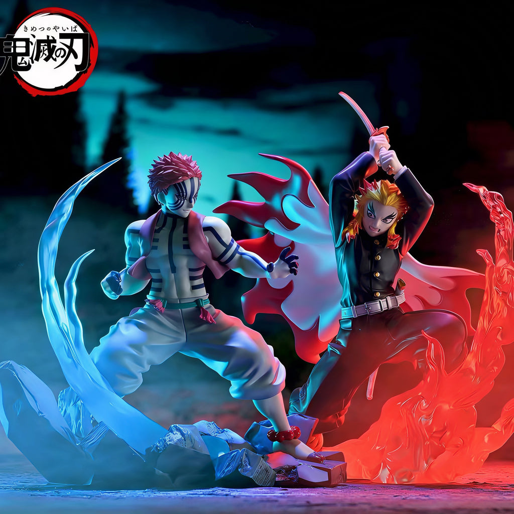 DEMON SLAYER Kyojuro Rengoku and Akaza Mugen Train battle figure set by SEGA with translucent flame and energy effects.