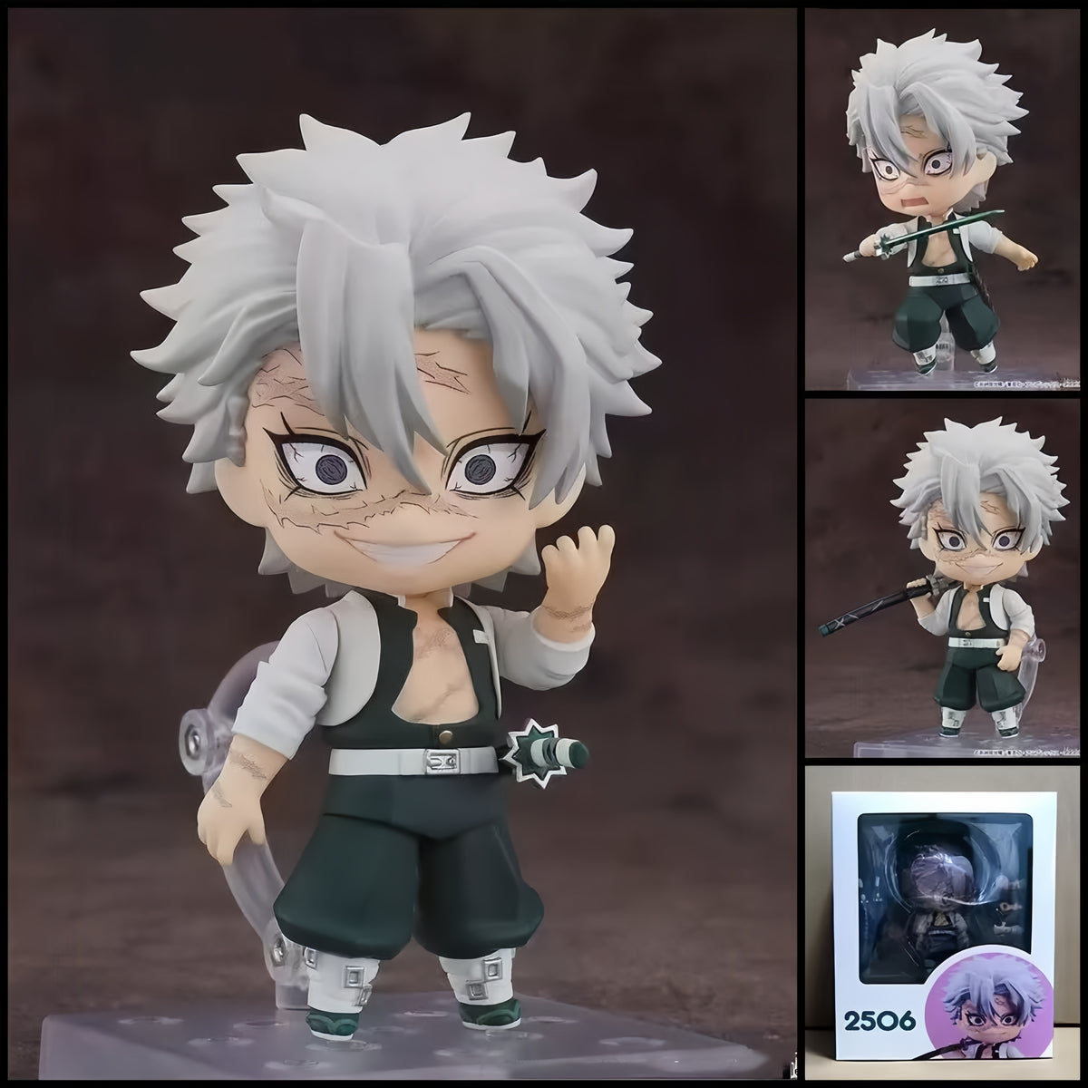 DEMON SLAYER Sanemi Shinazugawa chibi action figure – 10 cm PVC anime figure with white hair, facial scars, Nichirin sword and interchangeable display parts.
