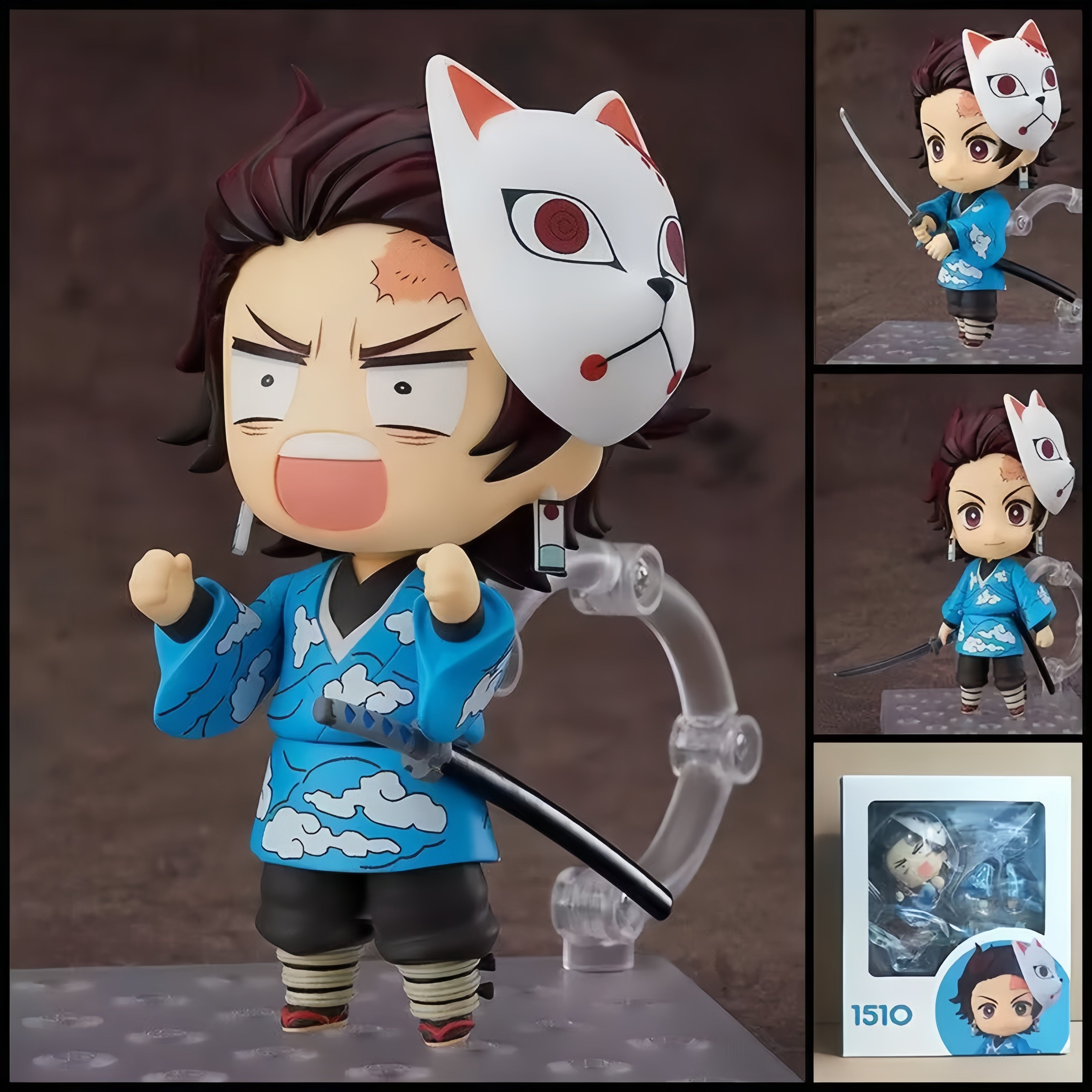 DEMON SLAYER Tanjiro Kamado Final Selection chibi action figure – 10 cm PVC anime figure with blue cloud-pattern outfit, fox mask, sword and interchangeable parts.
