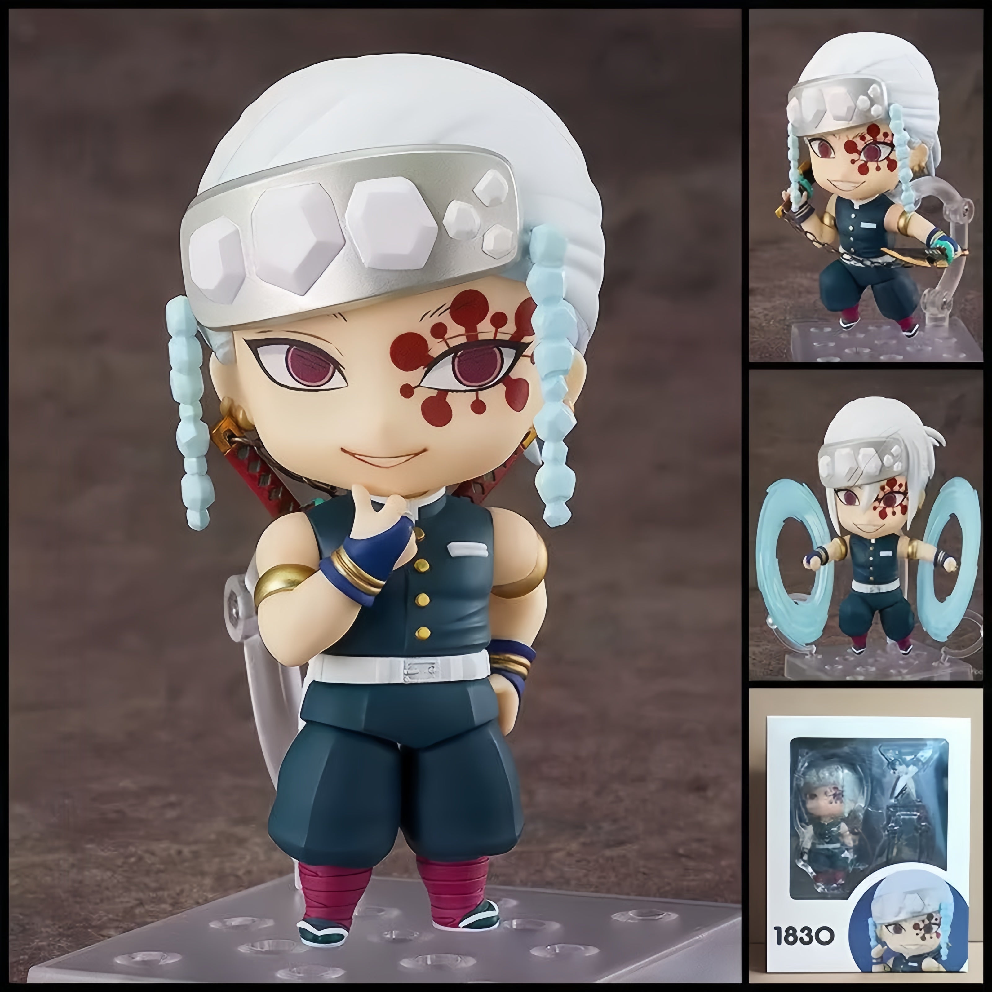 DEMON SLAYER Tengen Uzui chibi action figure – 10 cm PVC anime figure with jeweled headband, dual Nichirin blades and interchangeable parts.