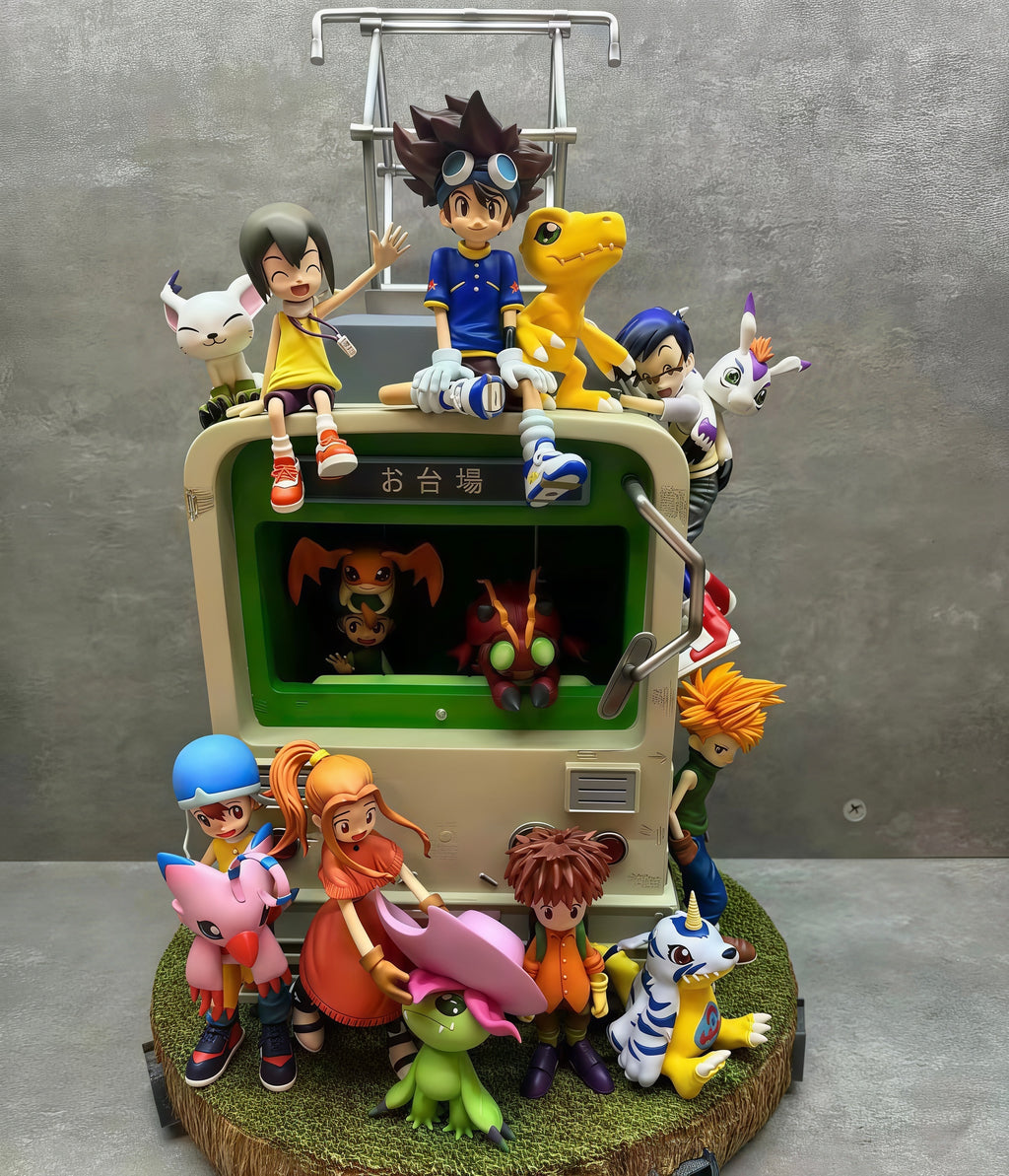 DIGIMON ADVENTURE 40 cm GK statue featuring all 8 original DigiDestined and Digimon partners in a detailed 3D Odaiba subway train diorama.