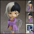 DR. STONE Gen Asagiri chibi action figure – 10 cm PVC anime figure with two-tone black-and-white hair, facial marking, purple outfit and interchangeable parts.