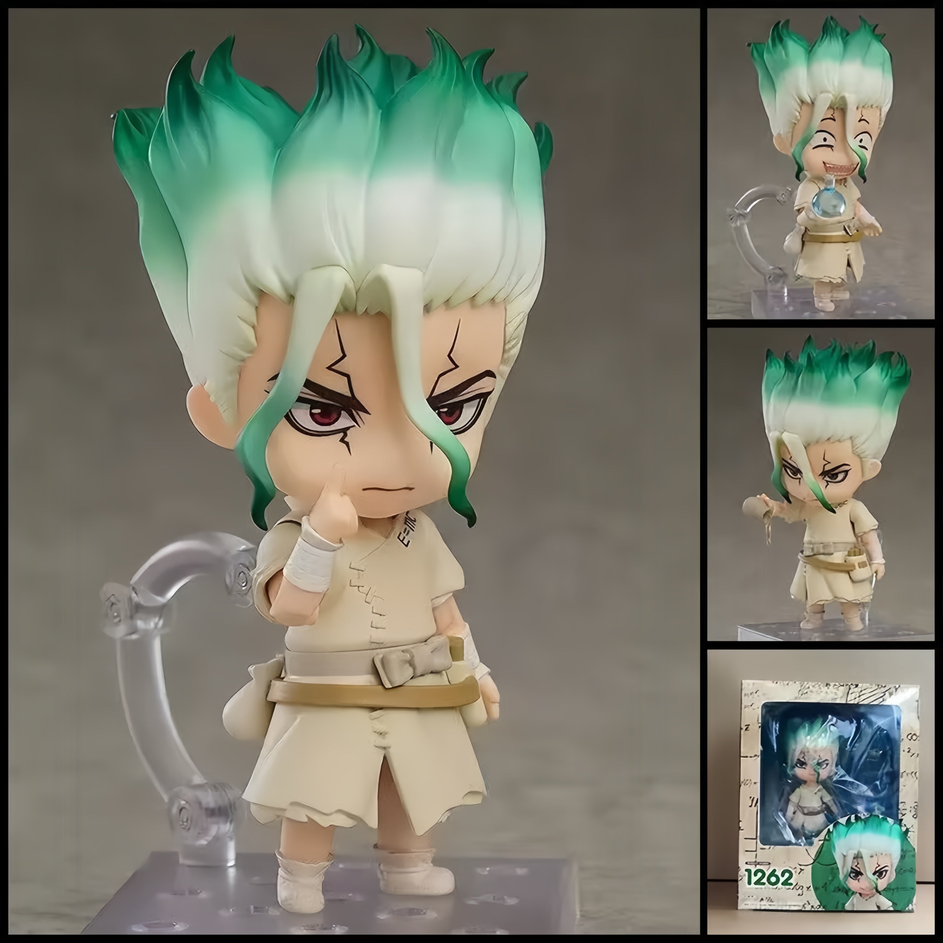 DR. STONE Senku Ishigami chibi action figure – 10 cm PVC anime figure with green-tipped hair and science accessories.