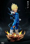 DRAGON BALL Majin Vegeta Super Saiyan 2 32 cm GK diorama statue with golden hair, Majin forehead mark, translucent blue aura lightning and explosive rocky energy base.