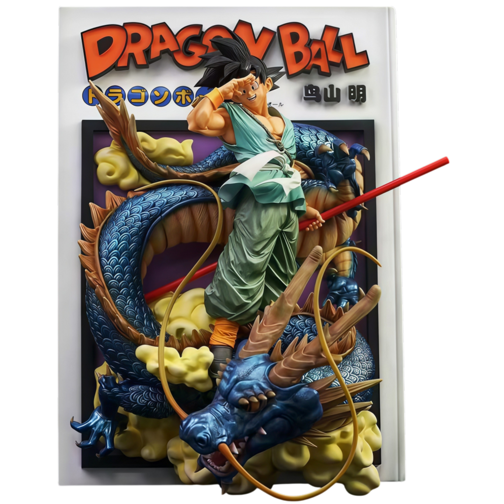 DRAGON BALL Goku and Shenron 46 cm GK diorama statue featuring a 3D manga cover design, teal gi, Power Pole, metallic blue Shenron and golden Nimbus clouds.