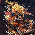 DRAGON BALL Son Family GK statue featuring SSJ3 Goku, Ultimate Gohan, Super Saiyan Goten and Shenron in a 31 cm battle diorama with lightning aura effects and detailed debris base.