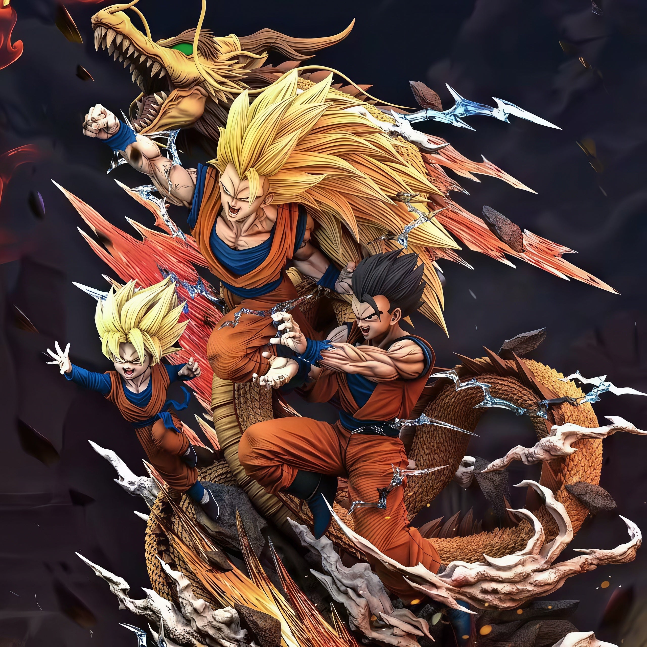 DRAGON BALL Son Family GK statue featuring SSJ3 Goku, Ultimate Gohan, Super Saiyan Goten and Shenron in a 31 cm battle diorama with lightning aura effects and detailed debris base.