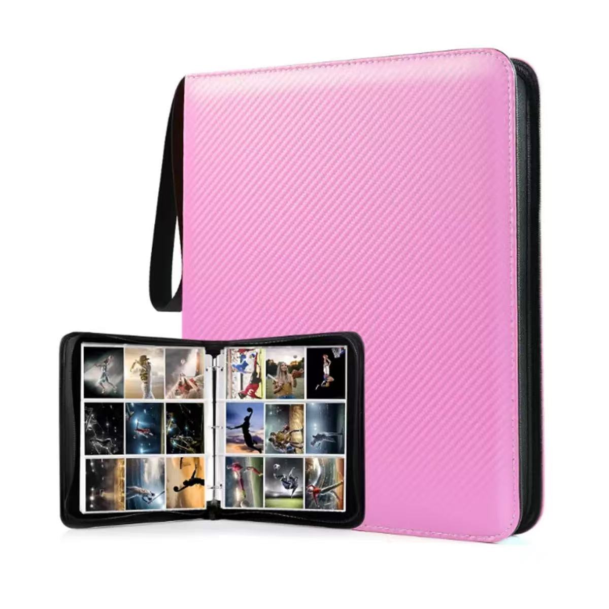 Pink and black card holder with a compartment displaying trading cards