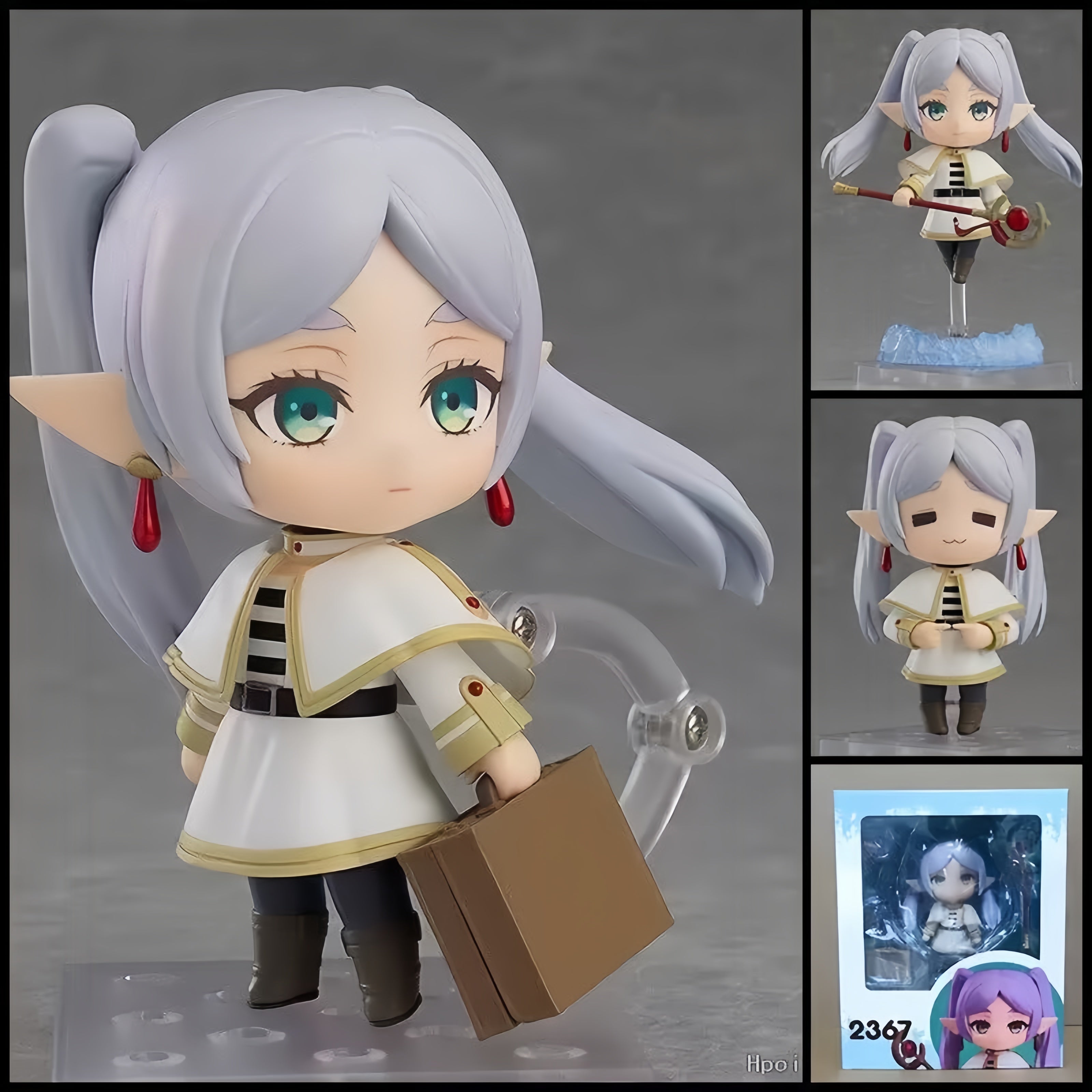 FRIEREN: BEYOND JOURNEY’S END Frieren chibi action figure – 10 cm PVC anime figure with silver hair, elf ears, magical staff, travel case and interchangeable parts.