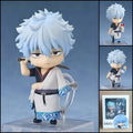 GINTAMA Gintoki Sakata chibi action figure – 10 cm PVC anime figure with silver hair, white-and-blue yukata, wooden sword and interchangeable parts.