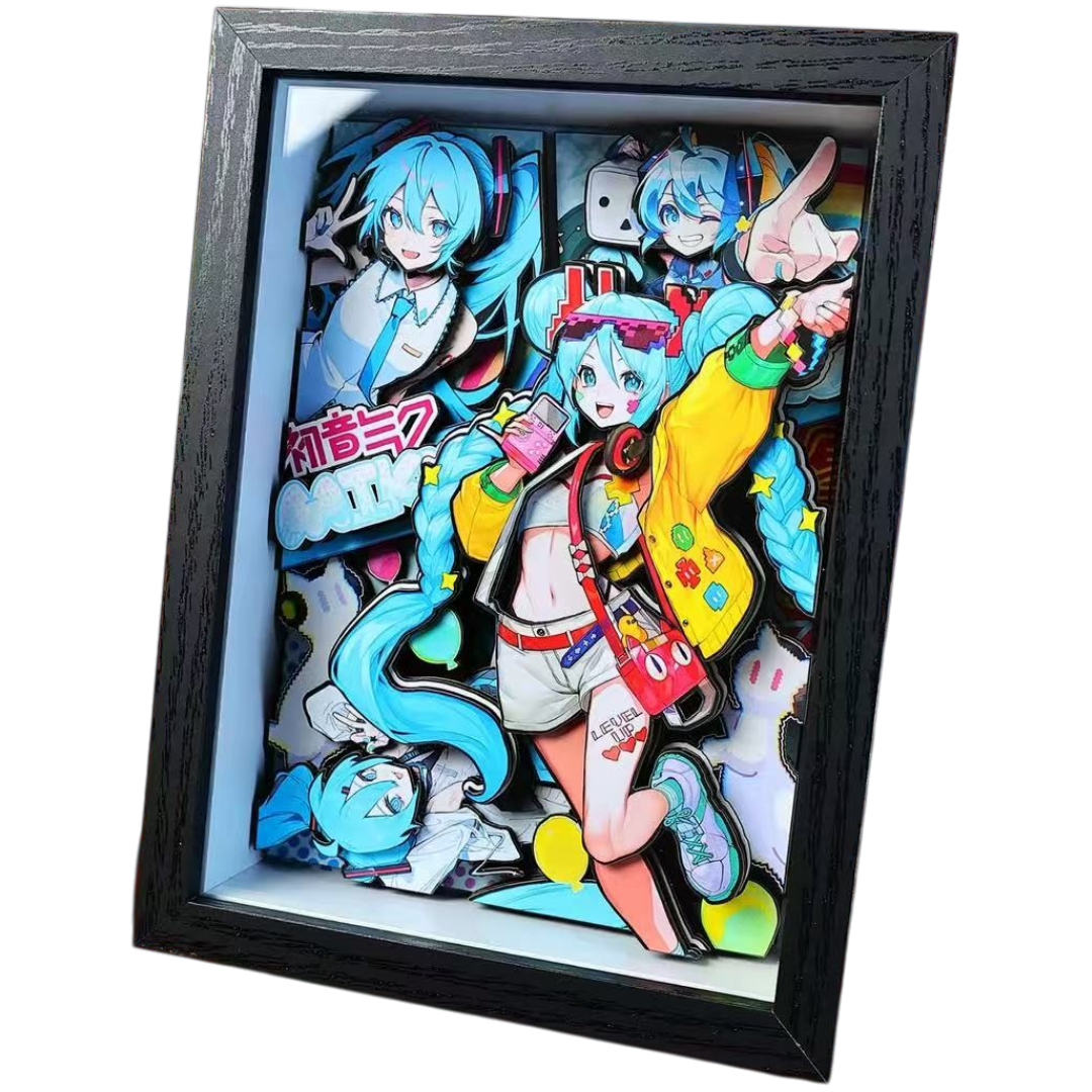 Hatsune Miku 3D layered anime shadow box wall art in a black wooden frame