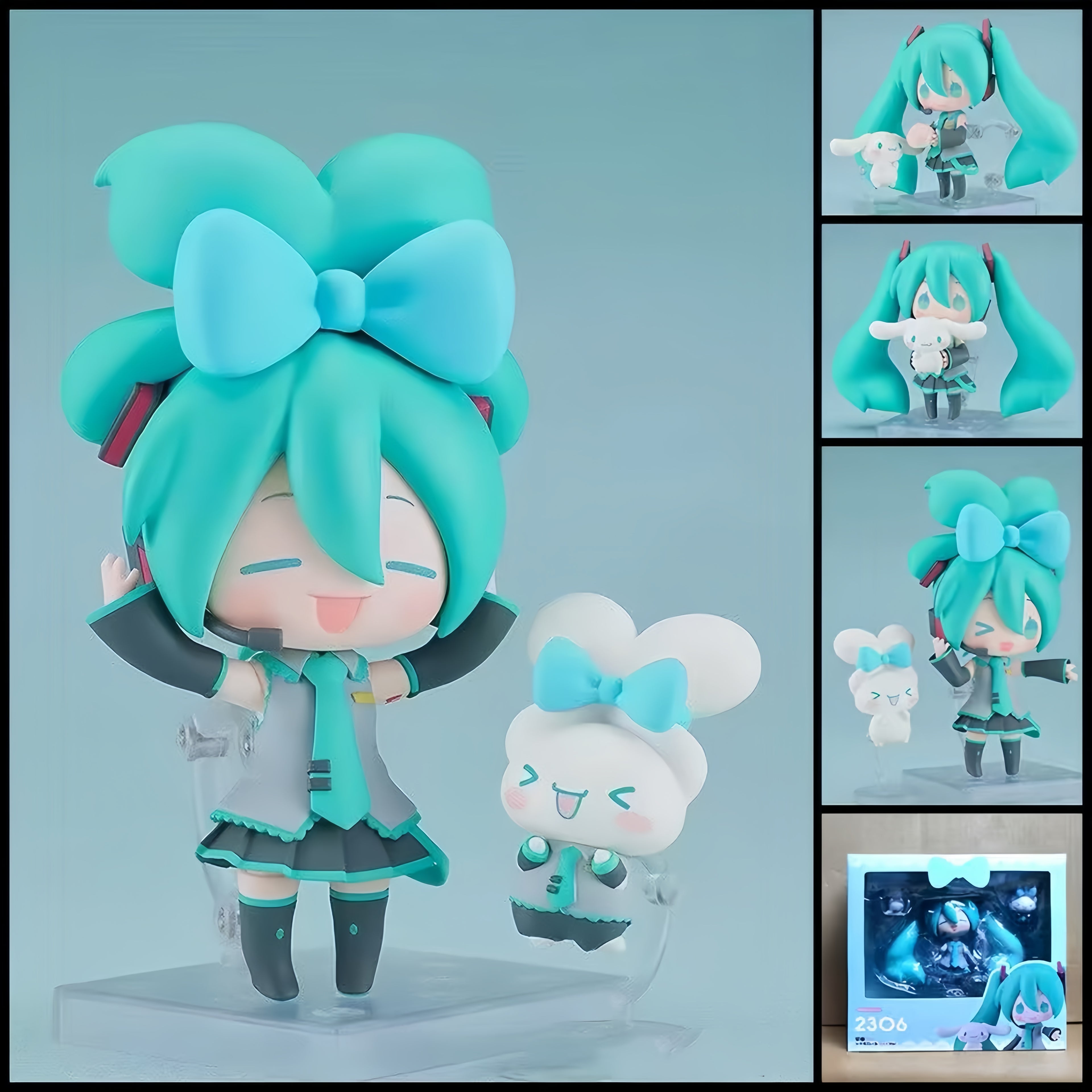 Hatsune Miku × Cinnamoroll chibi action figure – 10 cm PVC collectible with turquoise hair, oversized bow, Cinnamoroll companion and clear display base.
