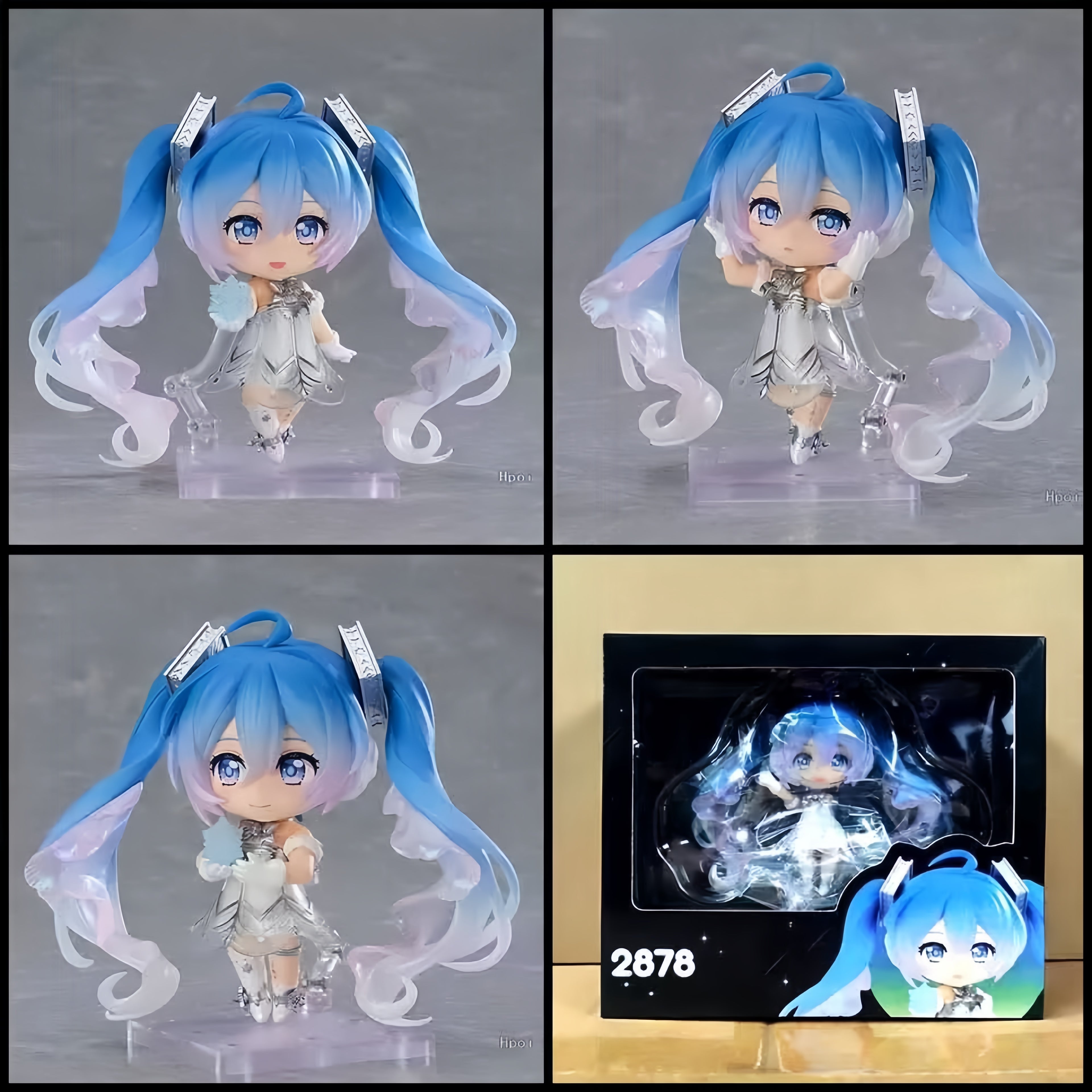 Hatsune Miku white dress chibi action figure by Independent Studio, 10 cm PVC collectible with blue-white twin-tails and clear display base.