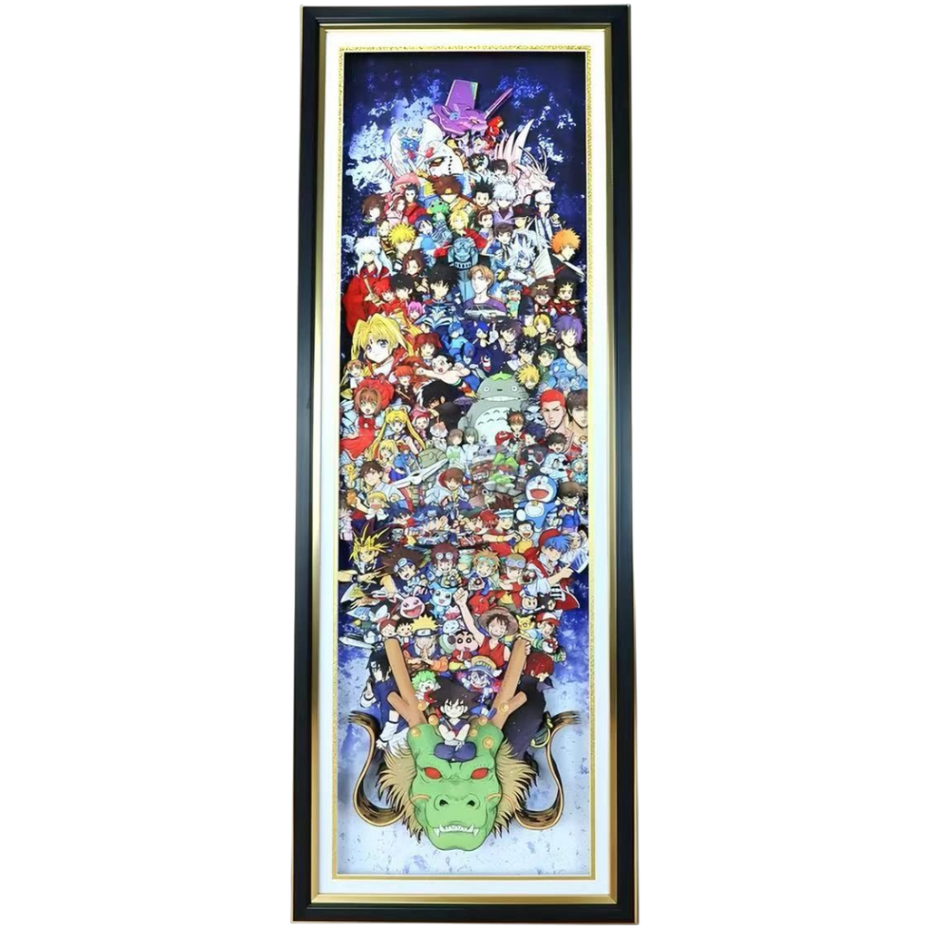 Panoramic Japanese anime character collage wall art in a black and gold display frame