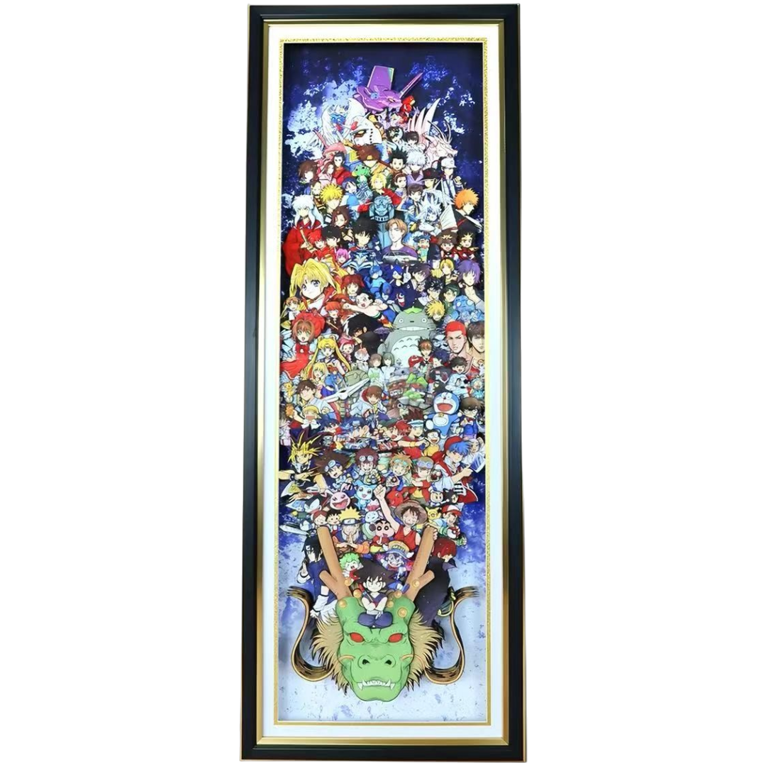 Panoramic Japanese anime character collage wall art in a black and gold display frame