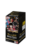 Sealed ONE PIECE Card Game "Emperors in the New World" booster box (OP-09) featuring Luffy, Shanks, Buggy, and Blackbeard on the black and gold Japanese packaging.