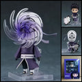NARUTO Obito Uchiha chibi action figure – 10 cm PVC anime figure with spiral mask, alternate mask parts, purple effect piece and interchangeable display parts.