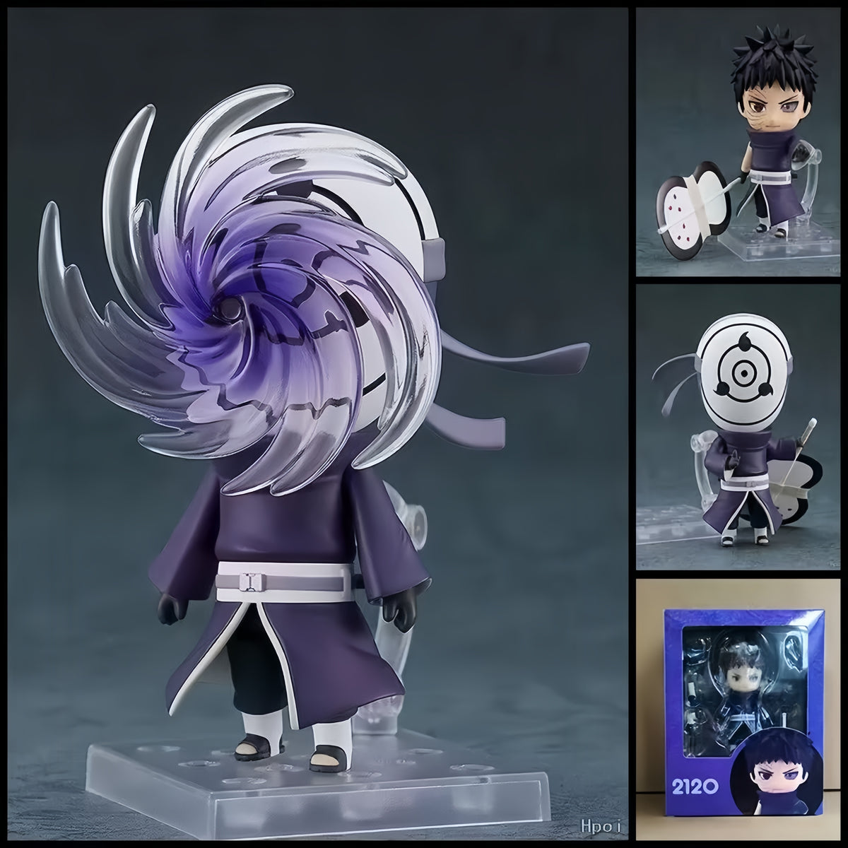 NARUTO Obito Uchiha chibi action figure – 10 cm PVC anime figure with spiral mask, alternate mask parts, purple effect piece and interchangeable display parts.
