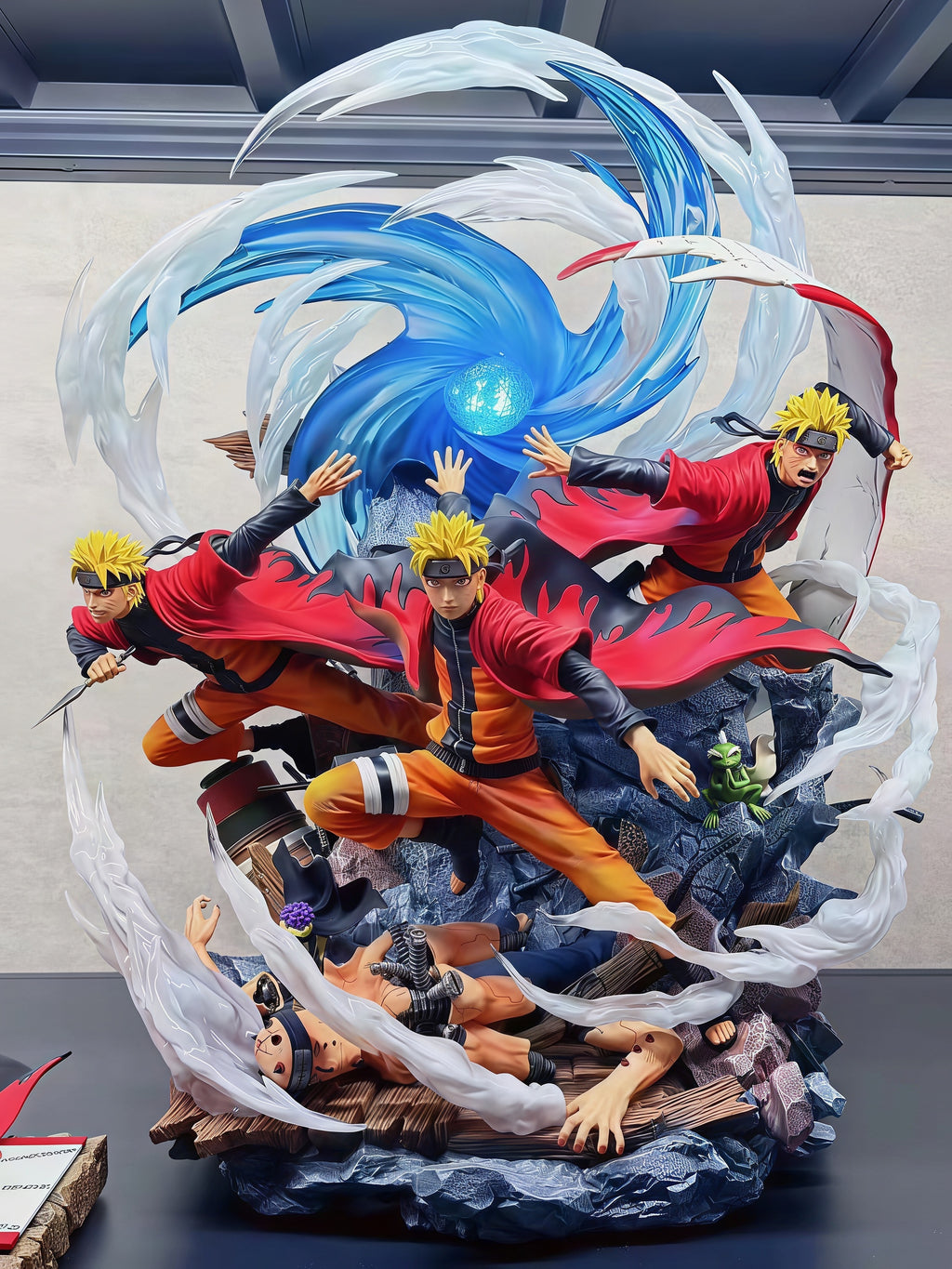 NARUTO Sage Mode Naruto 36 cm GK diorama statue featuring three shadow clones, translucent blue Rasen Shuriken, Fukasaku and defeated Asura Path battle base.