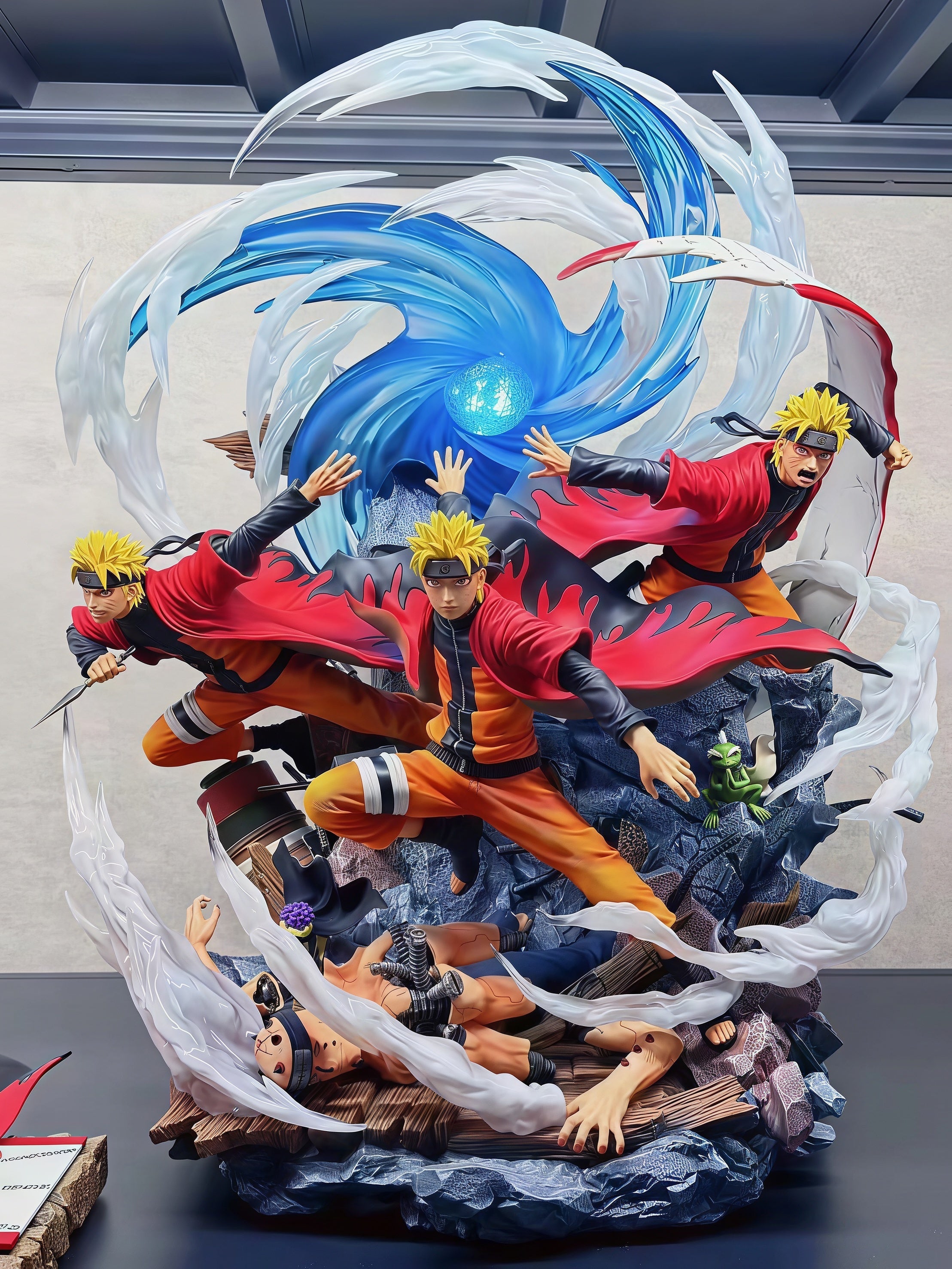 NARUTO Sage Mode Naruto 36 cm GK diorama statue featuring three shadow clones, translucent blue Rasen Shuriken, Fukasaku and defeated Asura Path battle base.