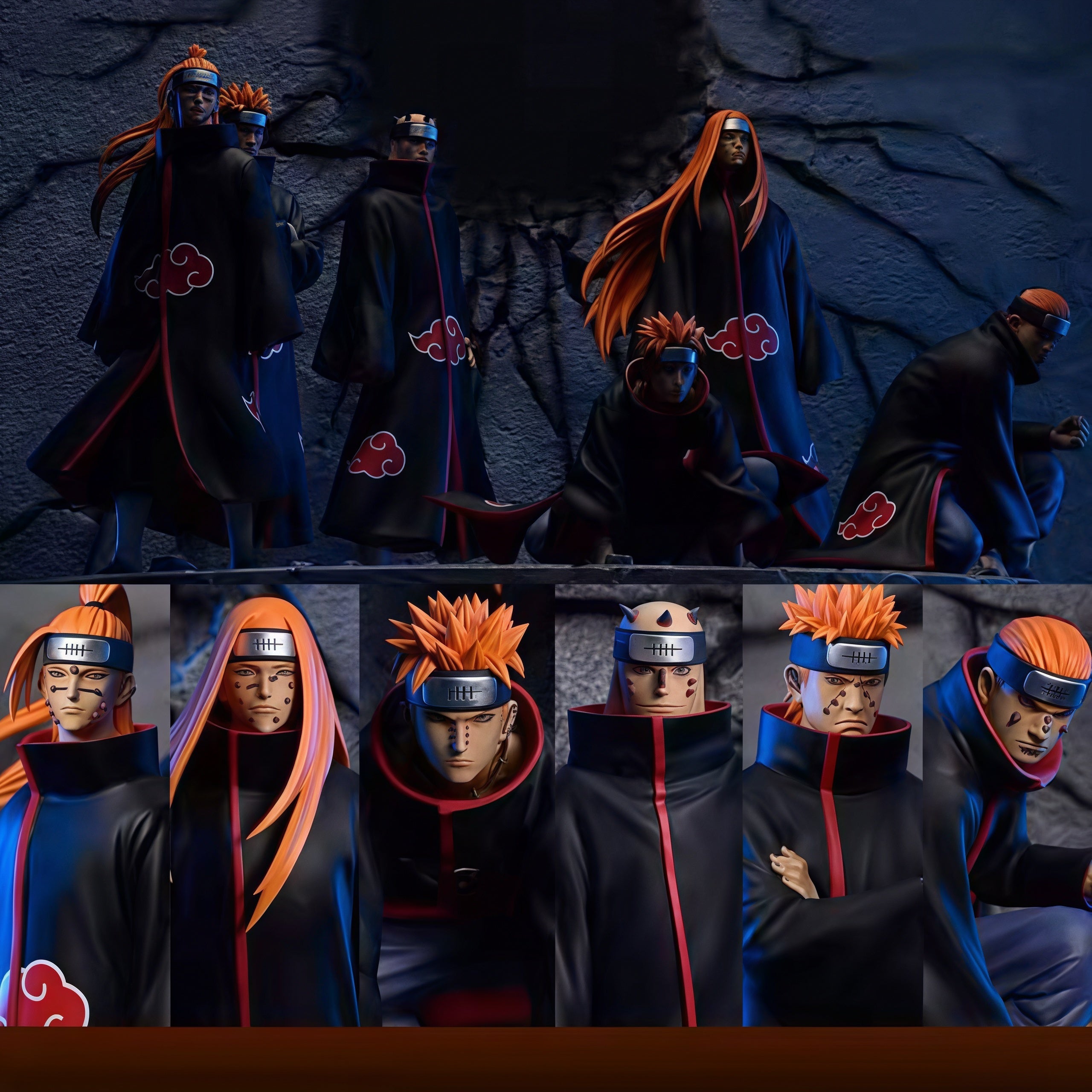 NARUTO Six Paths of Pain GK figure set with 6 Akatsuki collectible statues featuring Rinnegan eyes, black red cloud cloaks, facial piercings and dynamic poses.