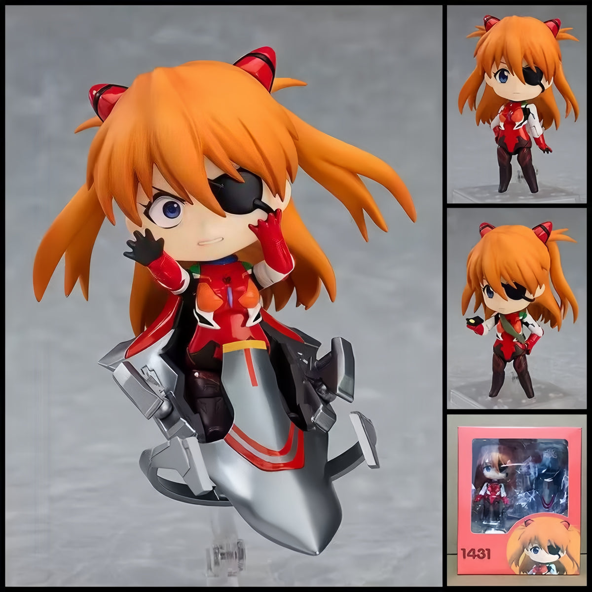 NEON GENESIS EVANGELION Asuka Shikinami Langley chibi action figure – 10 cm PVC anime figure with orange hair, red plugsuit, eyepatch and EVA-inspired mechanical accessories.