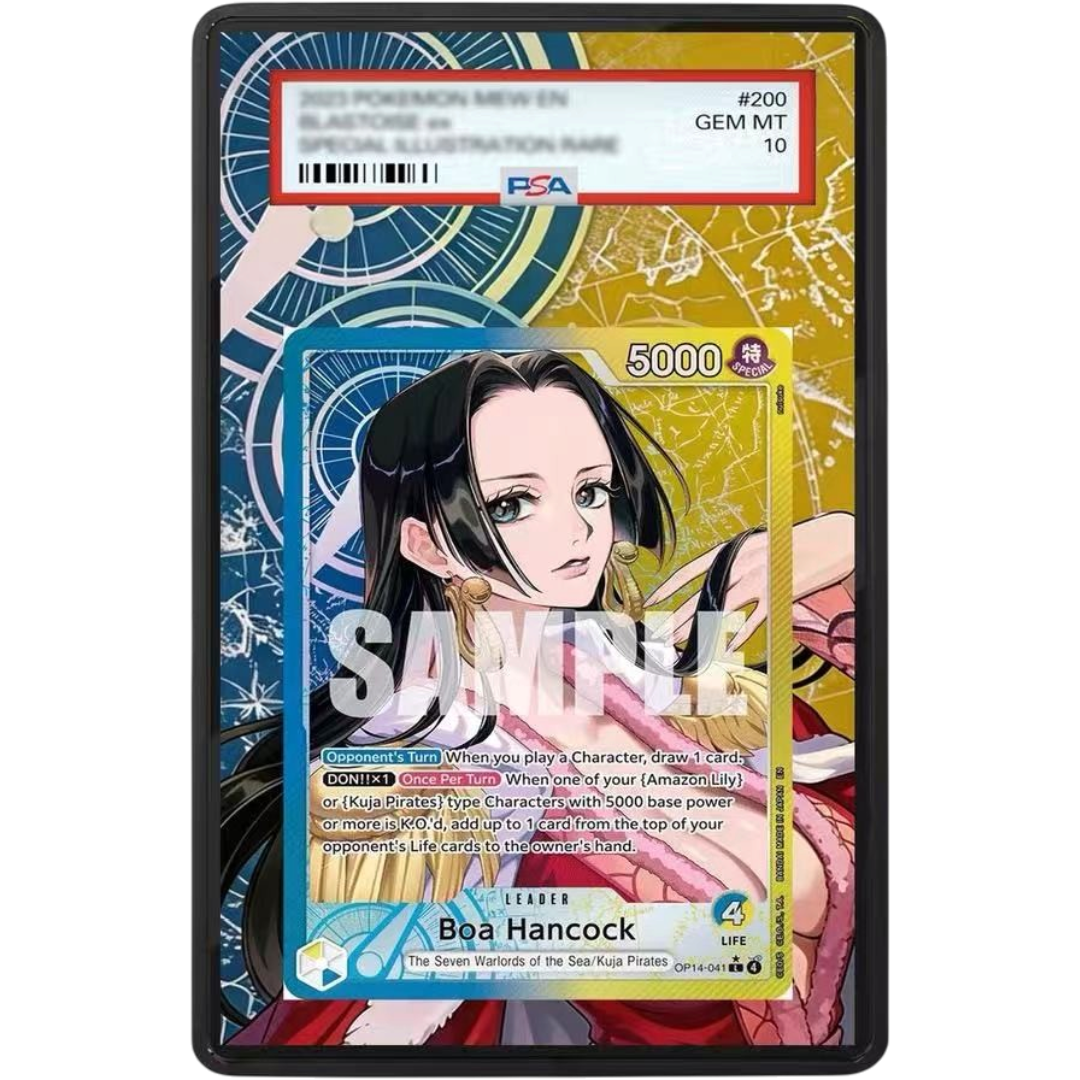 ONE PIECE Boa Hancock OP14-041 Extended Art PSA graded card display case with metal magnetic construction, tempered glass and UV-resistant protection.