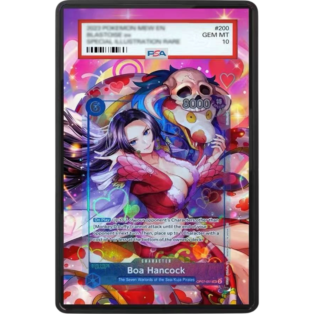 ONE PIECE Boa Hancock Promo OP07-051 Extended Art PSA graded card display case with metal magnetic construction, tempered glass and UV-resistant protection.