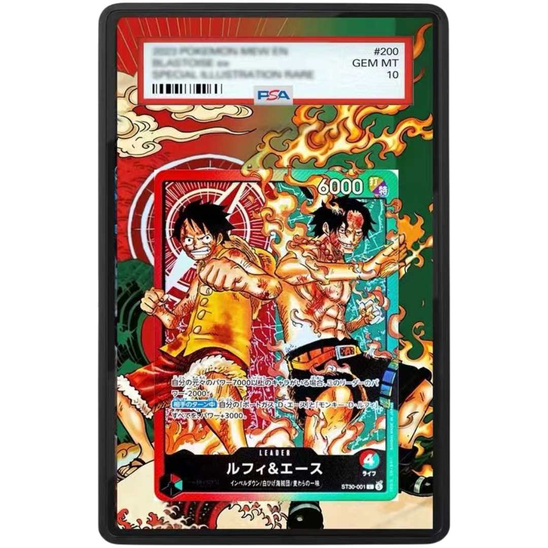 ONE PIECE Luffy & Ace L ST30-001 Leader Card Extended Art PSA graded card display case with metal magnetic construction, tempered glass and UV-resistant protection.