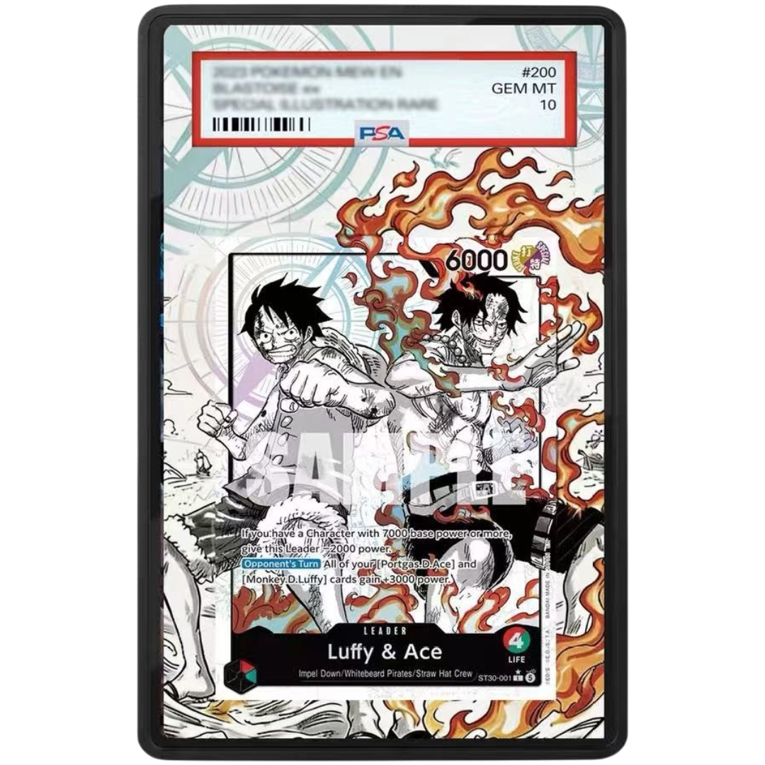 ONE PIECE Luffy & Ace ST30-001 Starter Deck EX Extended Art PSA graded card display case with metal magnetic construction, tempered glass and UV-resistant protection.