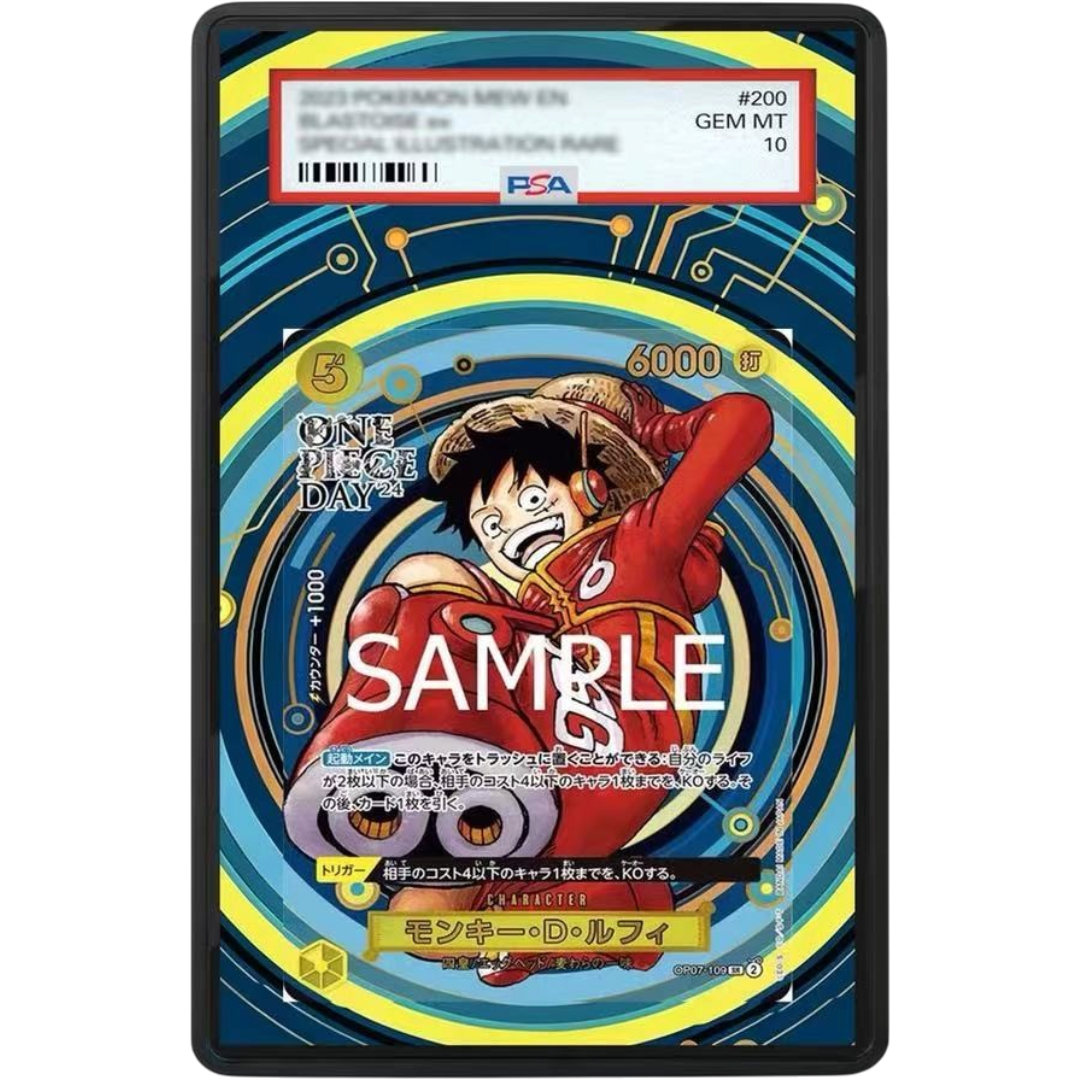ONE PIECE Monkey D. Luffy SR OP07-109 Extended Art PSA graded card display case with metal magnetic construction, tempered glass and UV-resistant protection.