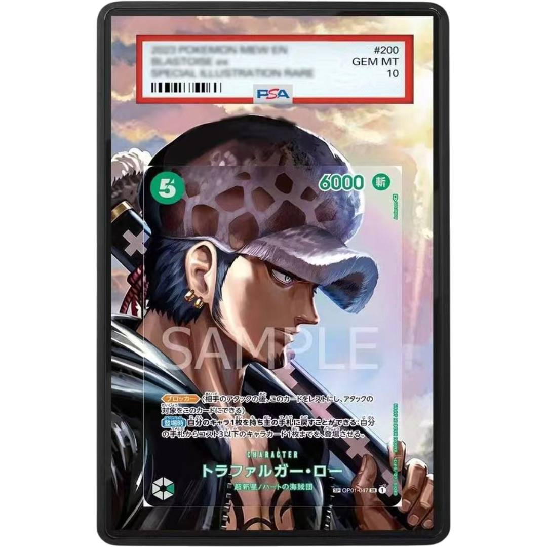 ONE PIECE Trafalgar Law OP04-047 Japanese Extended Art PSA graded card display case with metal magnetic construction, tempered glass and UV-resistant protection.