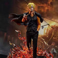 ONE PIECE Vinsmoke Sanji 40 cm GK diorama statue featuring Wano Raid-inspired attire, flowing black coat and massive translucent Diable Jambe fire vortex.