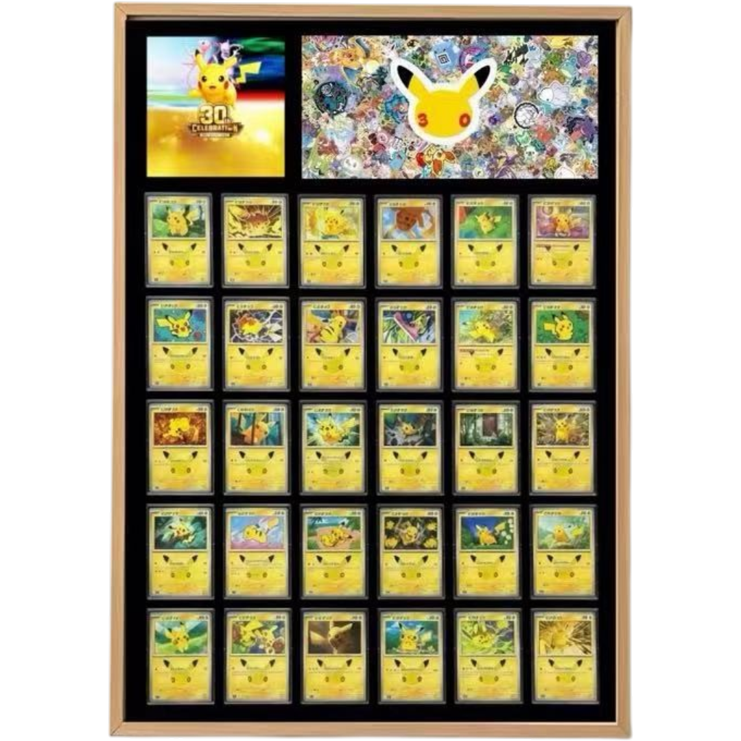 POKÉMON 30th Anniversary 50 × 70 cm collection frame with 30 individual card holders included, two large acrylic artwork panels, alloy frame and protective acrylic front.