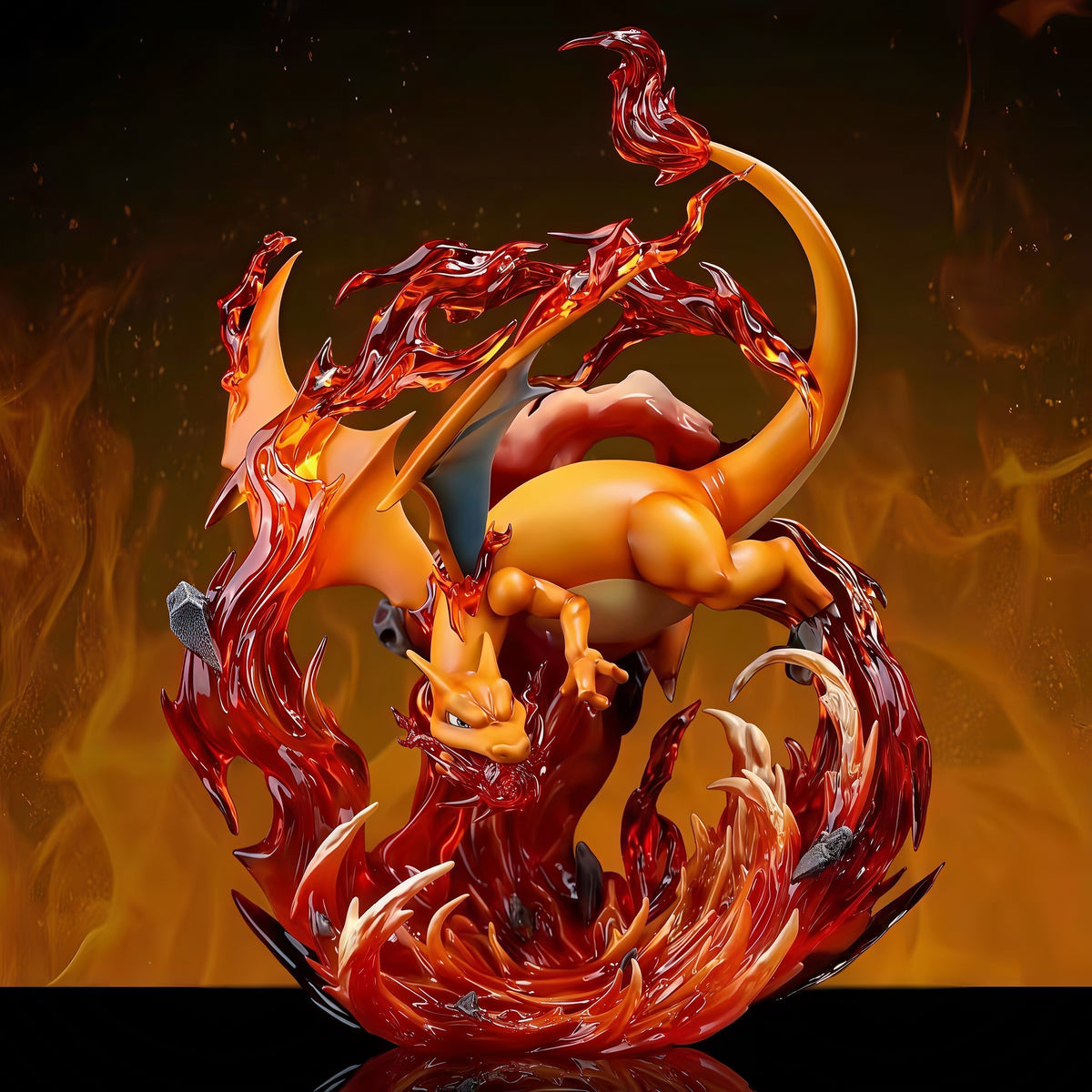 POKÉMON Charizard Blazing Vortex GK diorama statue in Standard and Shiny versions, featuring a massive translucent flame vortex and explosive volcanic terrain base.