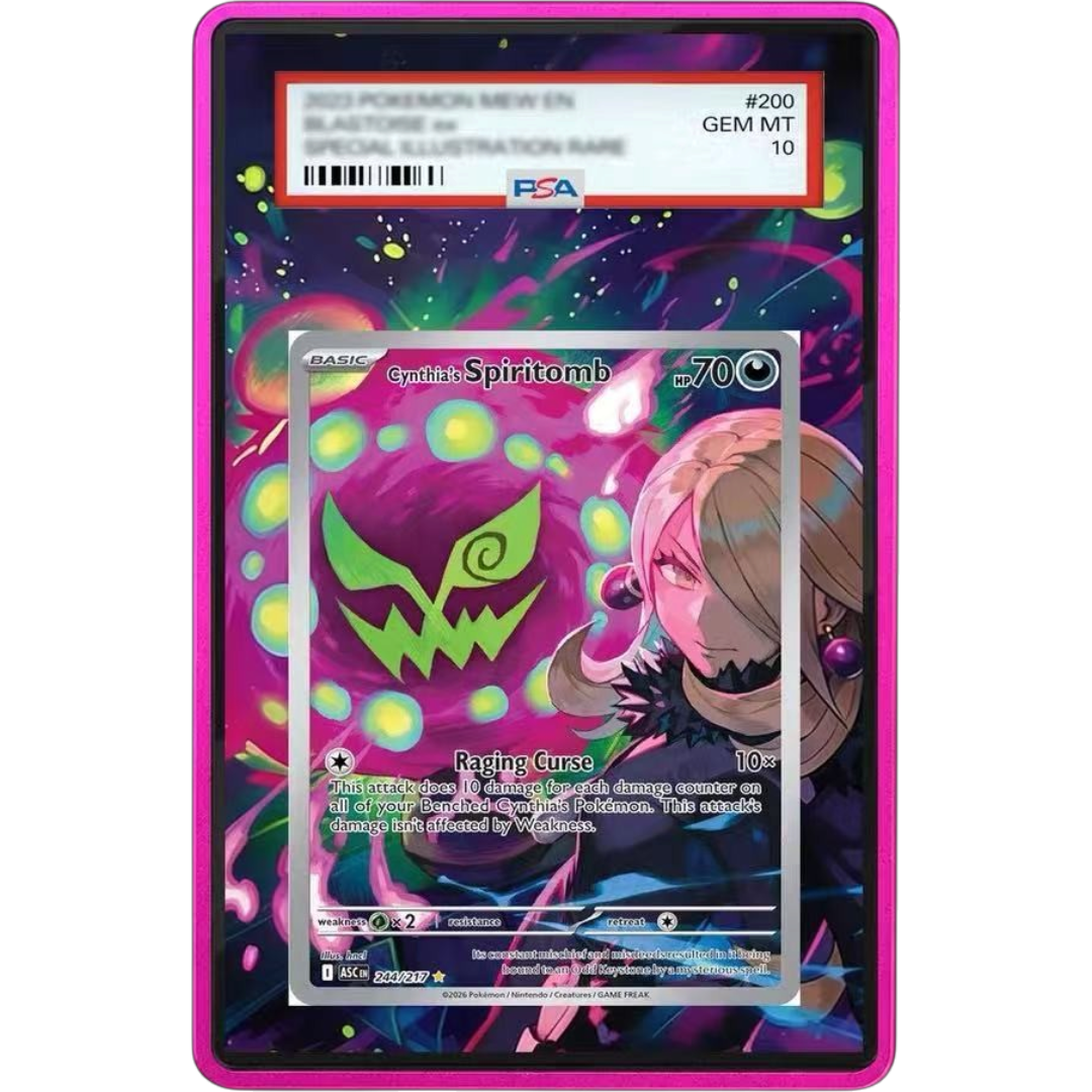 POKÉMON Cynthia’s Spiritomb IR ASC 244/217 Ascended Heroes Extended Art PSA graded card display case with metal magnetic construction, tempered glass and UV-resistant protection.