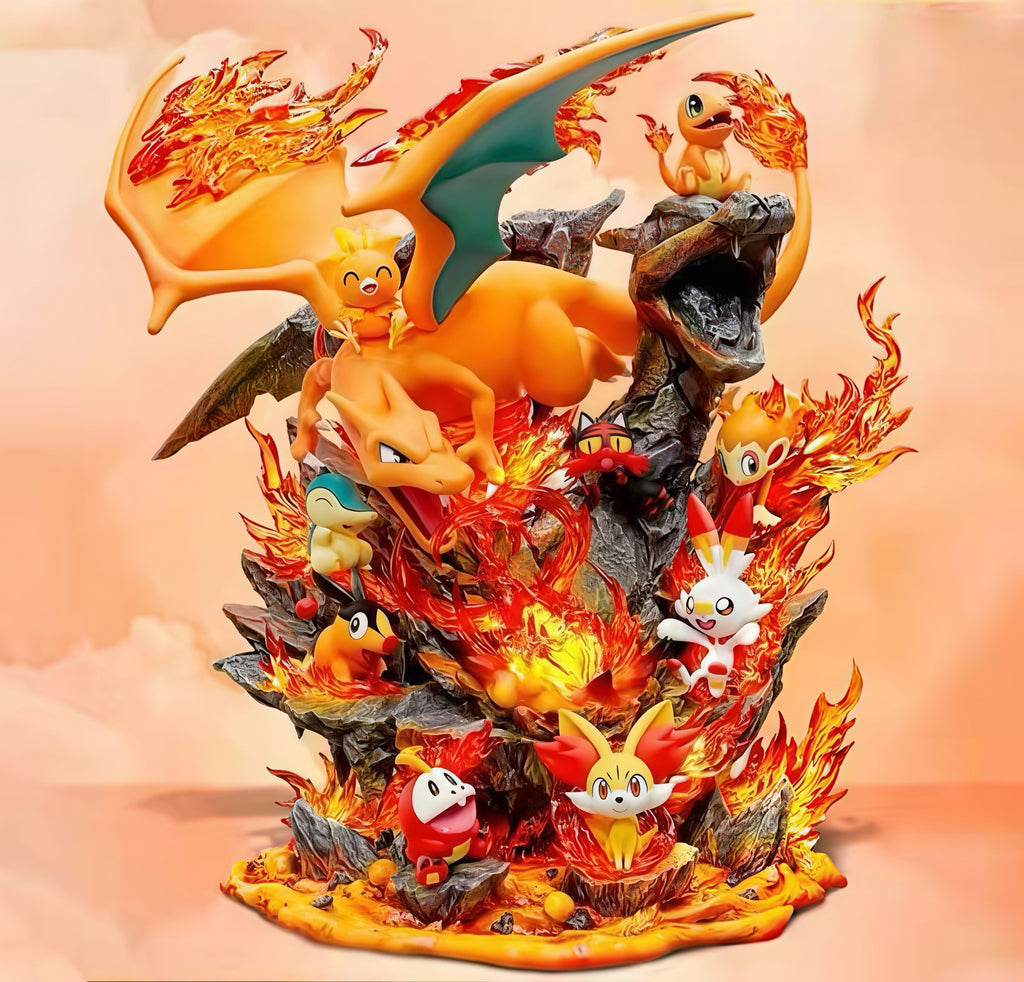 Pokémon Fire-Type LED diorama statue – 32 cm PVC collectible featuring Charizard, Charmander, Cyndaquil, Litten and Fuecoco with illuminated flame and volcanic effects.
