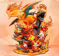 Pokémon Fire-Type LED diorama statue – 32 cm PVC collectible featuring Charizard, Charmander, Cyndaquil, Litten and Fuecoco with illuminated flame and volcanic effects.