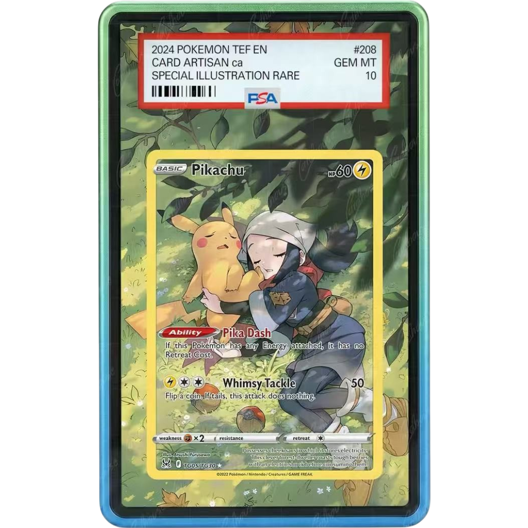 Pokémon Lost Origin Trainer Gallery Pikachu Extended Art PSA graded card display case with premium metal magnetic construction, tempered glass and UV-resistant protection.