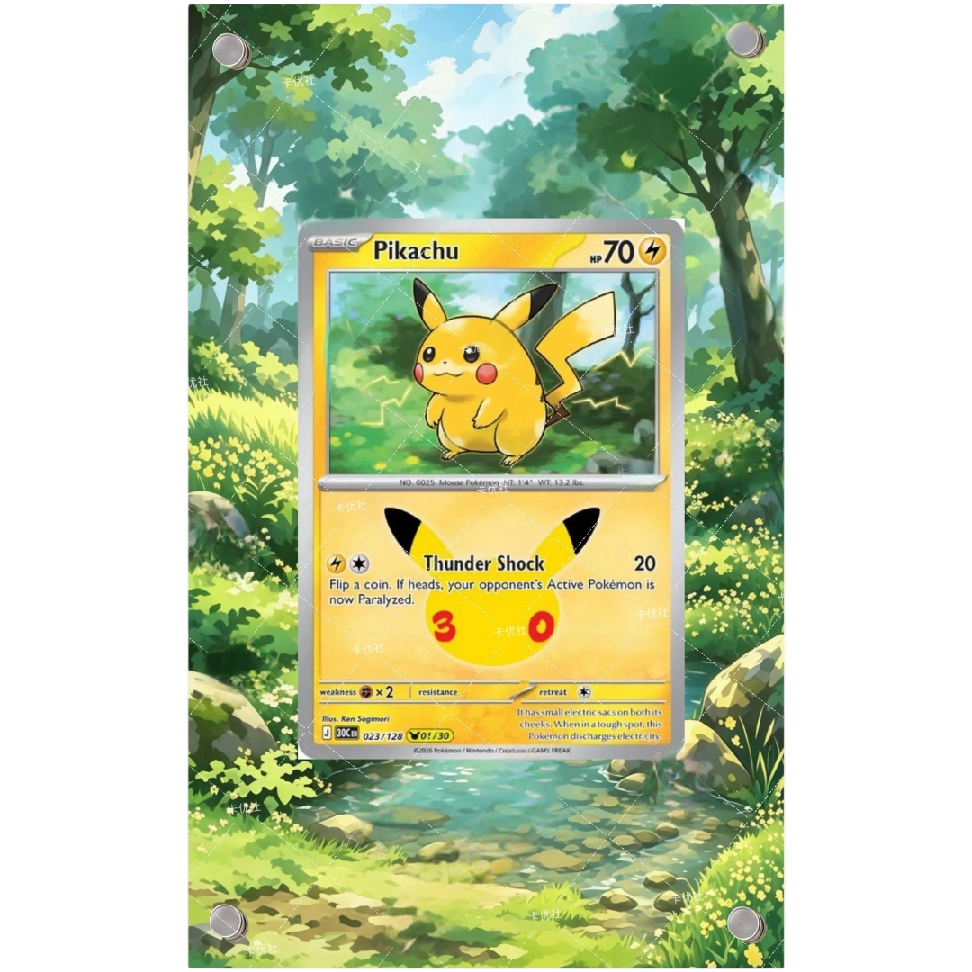 POKÉMON Pikachu #23 30th Celebration Extended Art PSA display case with metal magnetic construction, tempered glass and UV-resistant protection.