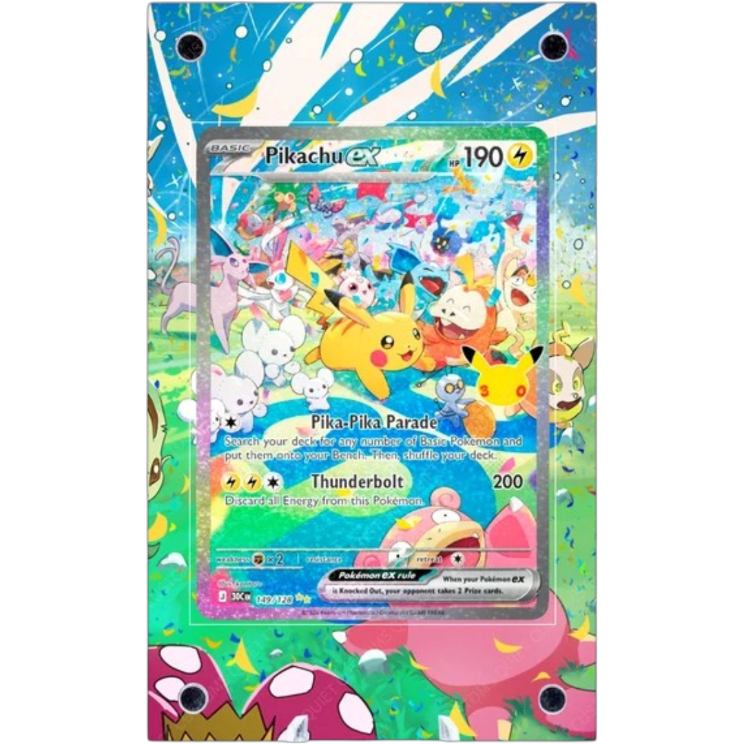 POKÉMON Pikachu ex 149/128 Extended Art PSA graded card display case with metal magnetic construction, tempered glass and UV-resistant protection.