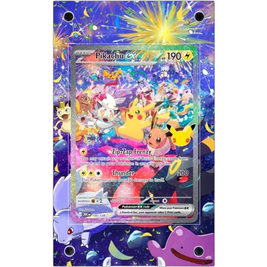 POKÉMON Pikachu ex 150/128 Extended Art PSA graded card display case with metal magnetic construction, tempered glass and UV-resistant protection.