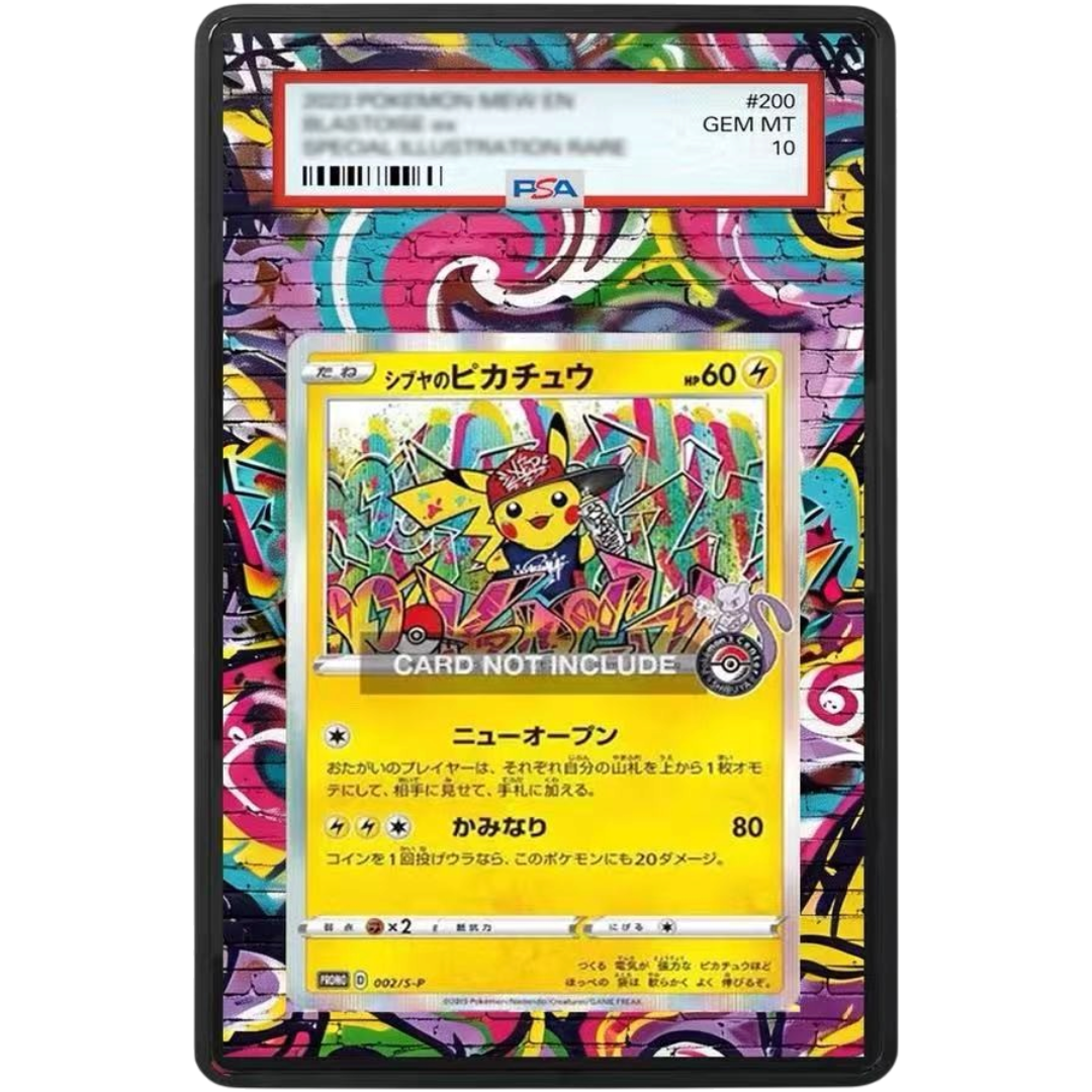 POKÉMON Shibuya’s Pikachu 002/S-P Japanese Promo Extended Art PSA graded card display case with metal magnetic construction, tempered glass and UV-resistant protection.