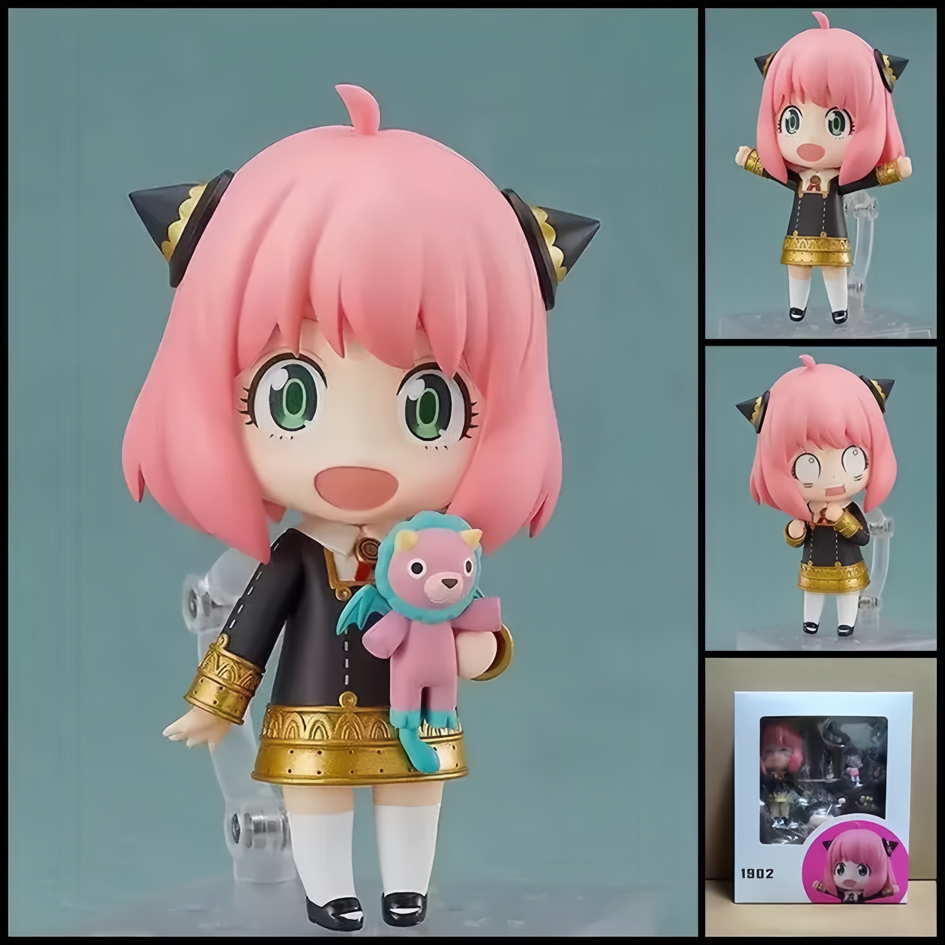 SPY X FAMILY Anya Forger chibi action figure – 10 cm PVC anime figure with pink hair, black-and-gold outfit, Chimera plush and interchangeable parts.