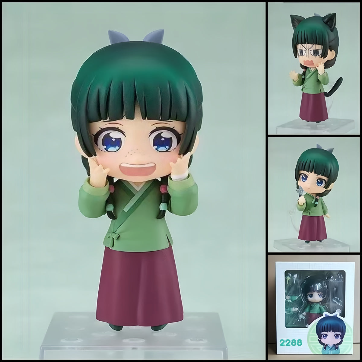 THE APOTHECARY DIARIES Maomao Cat Version chibi action figure – 10 cm PVC anime figure with green hair, freckles, cat ears, cat tail and interchangeable parts.