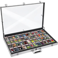 Trading card display and storage case with aluminium frame, transparent lid, reinforced hardware and organised multi-card collector layout.
