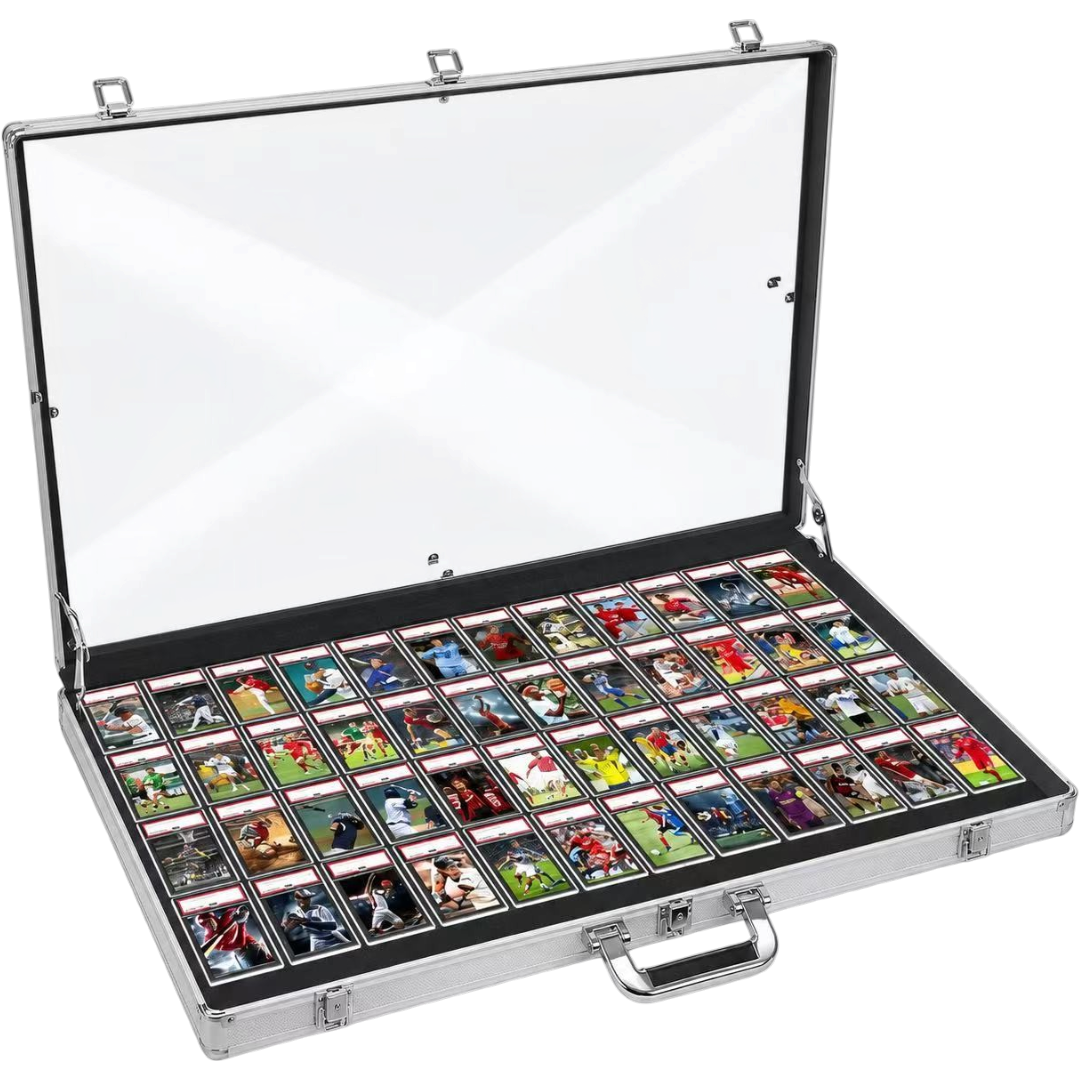 Trading card display and storage case with aluminium frame, transparent lid, reinforced hardware and organised multi-card collector layout.