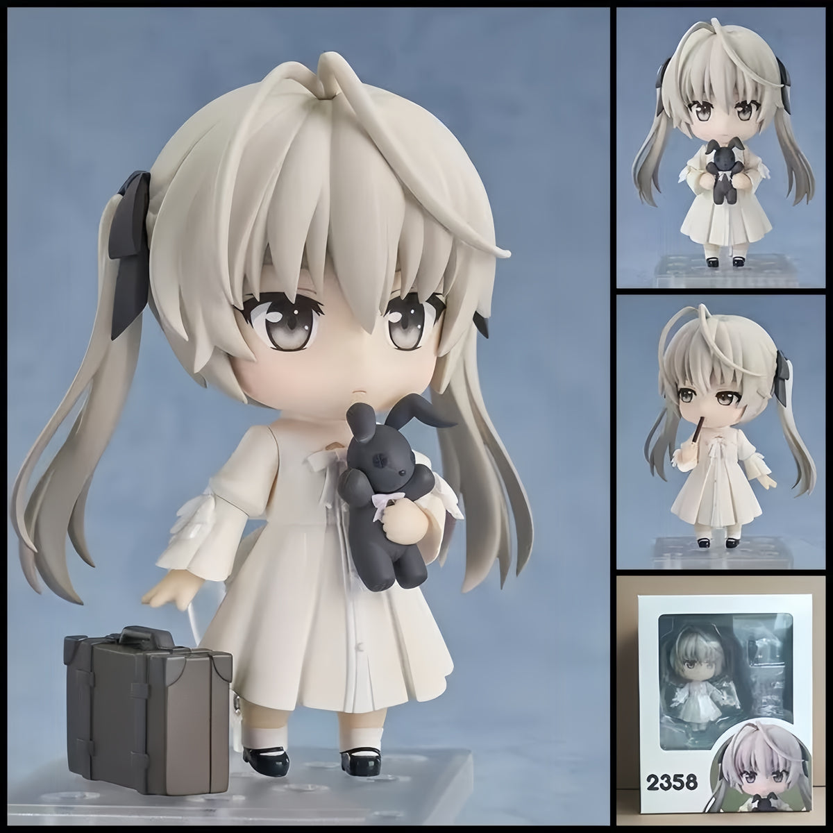 YOSUGA NO SORA Sora Kasugano chibi action figure – 10 cm PVC anime figure with silver-grey hair, rabbit plush, suitcase and interchangeable parts.